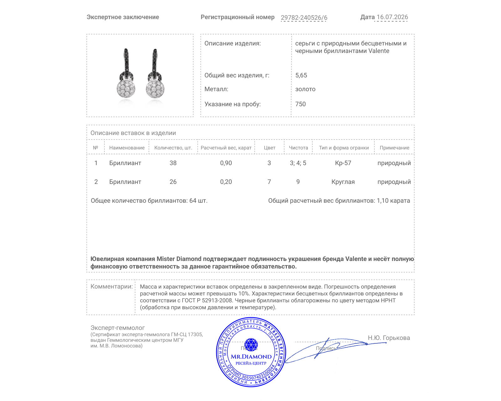 Оригинальные золотые серьги с бриллиантами 1.10ct Valente