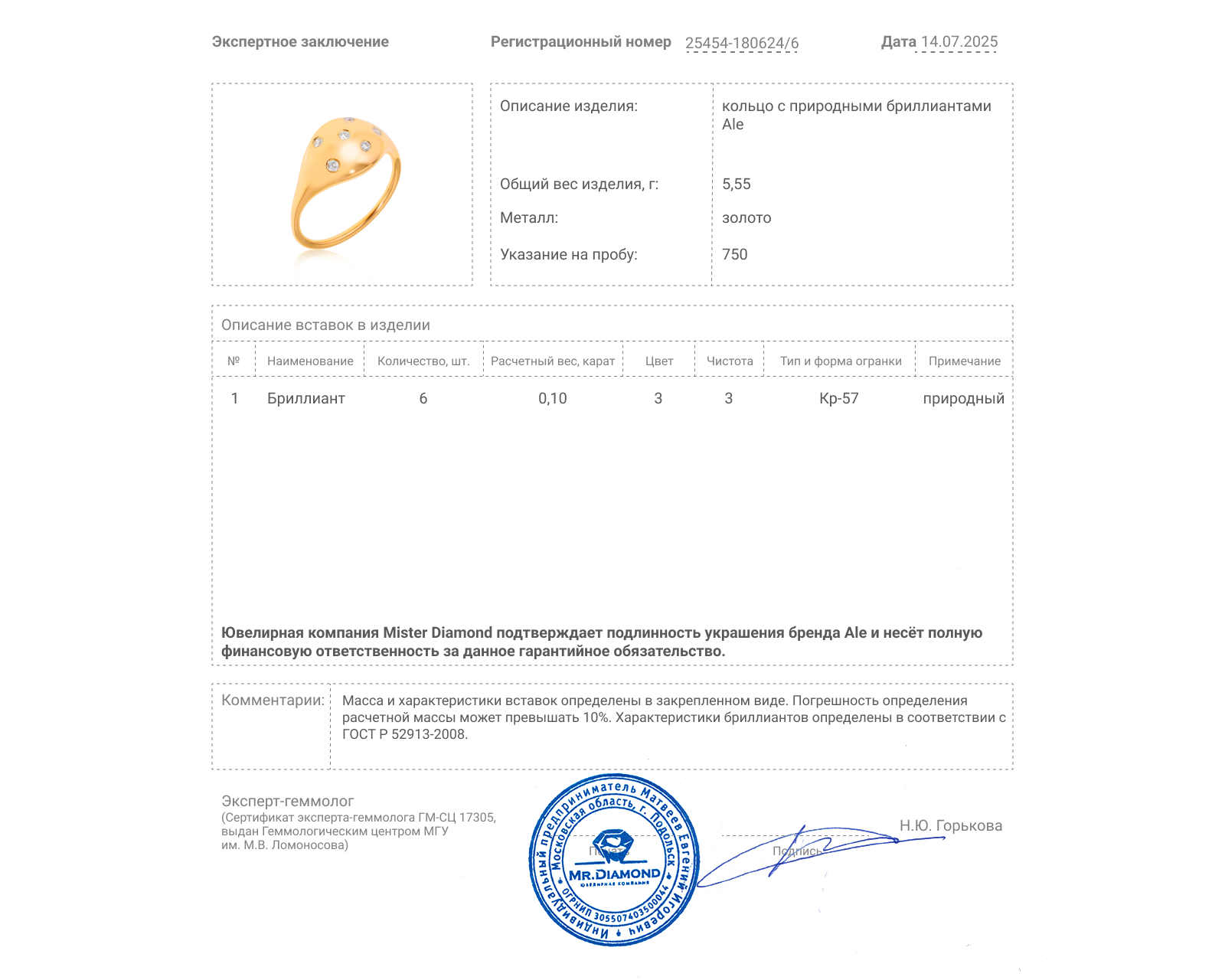 Оригинальное золотое кольцо с бриллиантами 0.10ct Ale