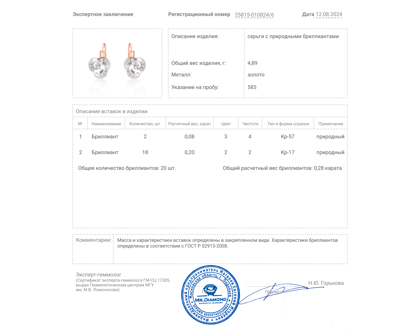 Золотые серьги с бриллиантами 0.28ct