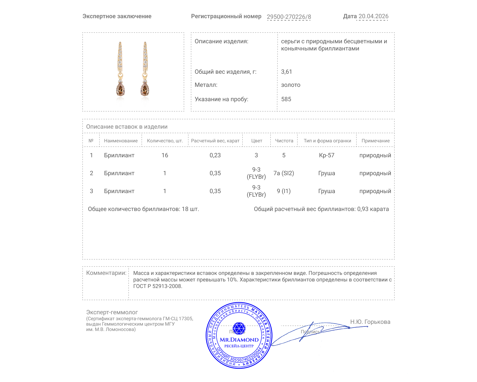 Золотые серьги с бриллиантами 0.93ct