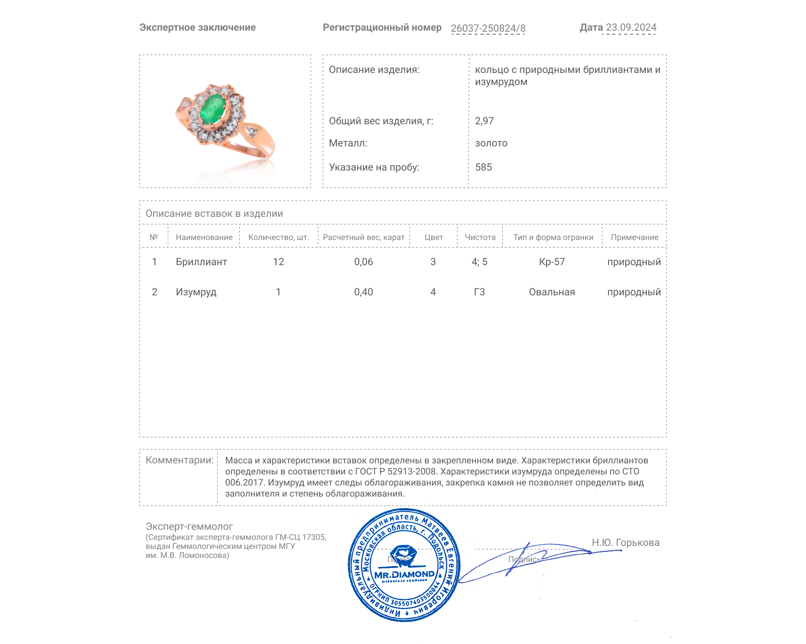 Золотое кольцо с изумрудом 0.40ct и бриллиантами 0.06ct