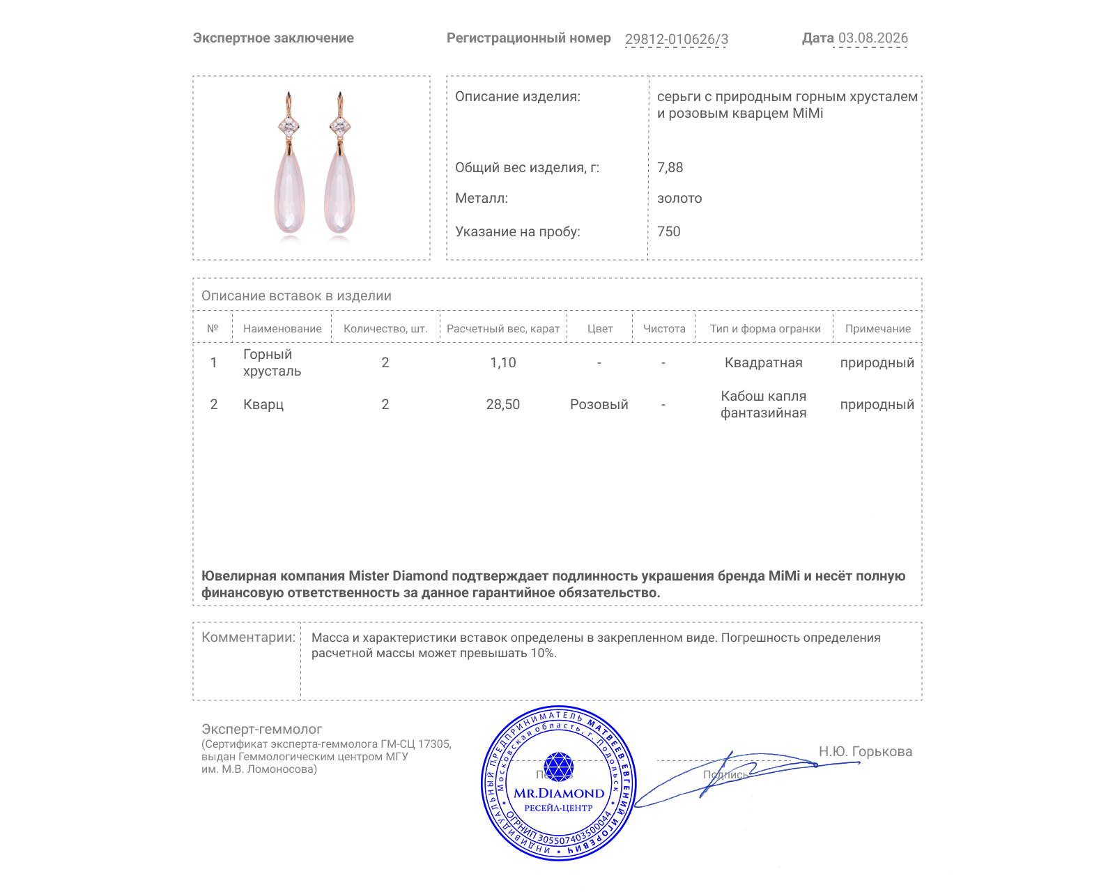 Оригинальные золотые серьги с розовым кварцем 28.50ct MiMi