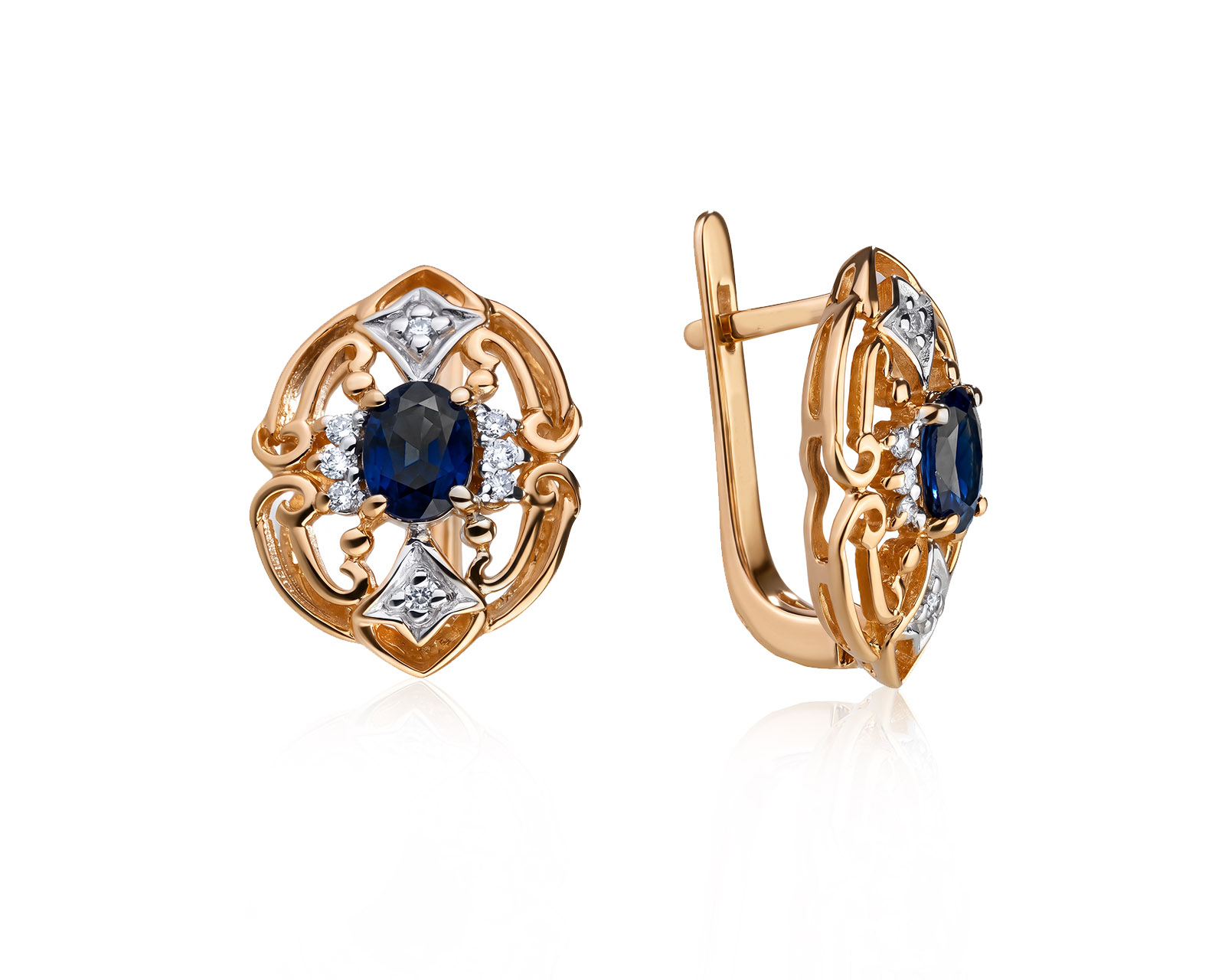 Золотые серьги с сапфирами 1.08ct и бриллиантами 0.18ct