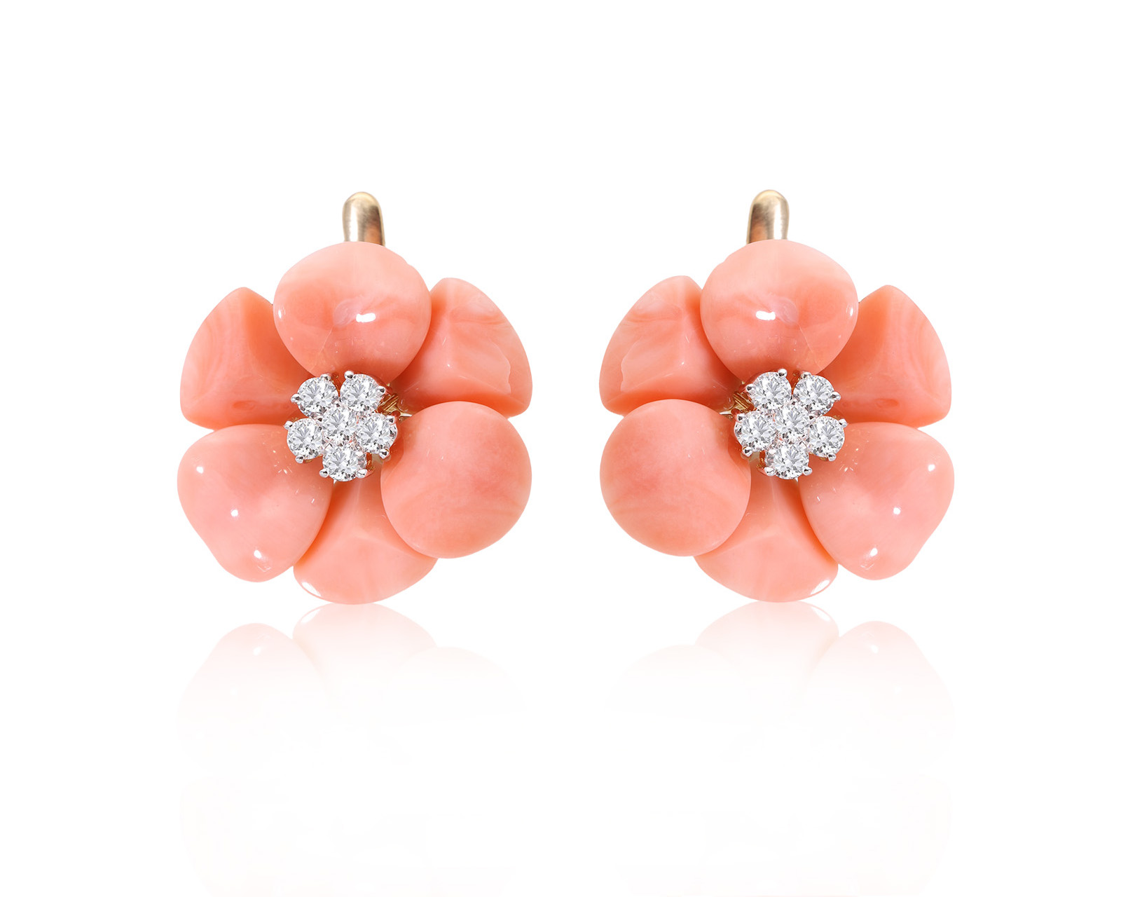 Золотые серьги с кораллами 45.00ct и бриллиантами 1.08ct 161025/2