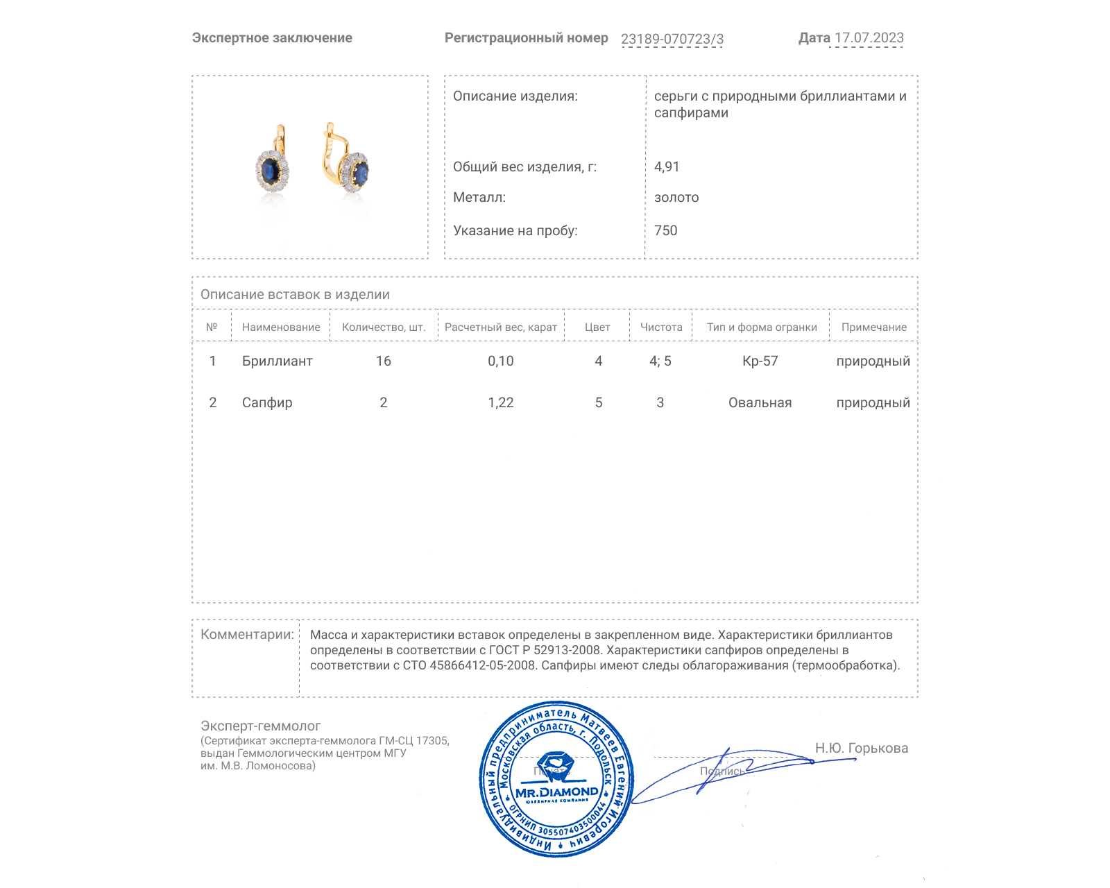 Золотые серьги с сапфирами 1.22ct и бриллиантами 0.10ct