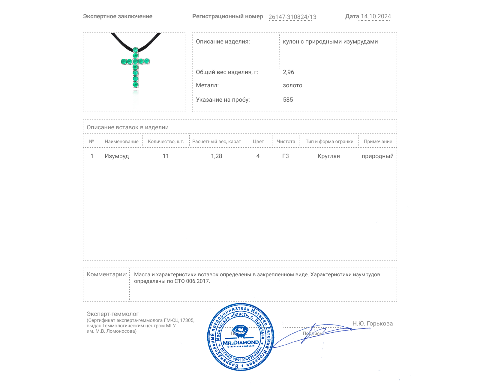 Золотой кулон с изумрудами 1.28ct