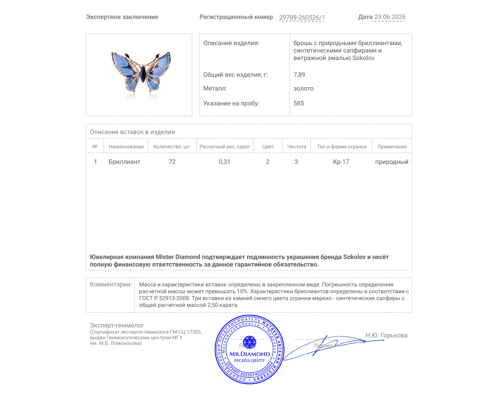 Оригинальная золотая брошь с сапфирами 2.50ct Sokolov