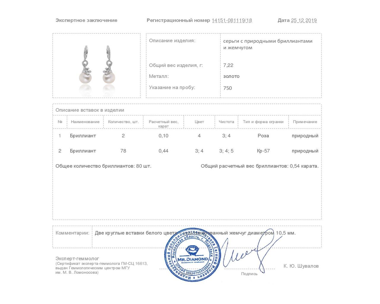 Эстетичные золотые серьги с жемчугом 10.50 мм