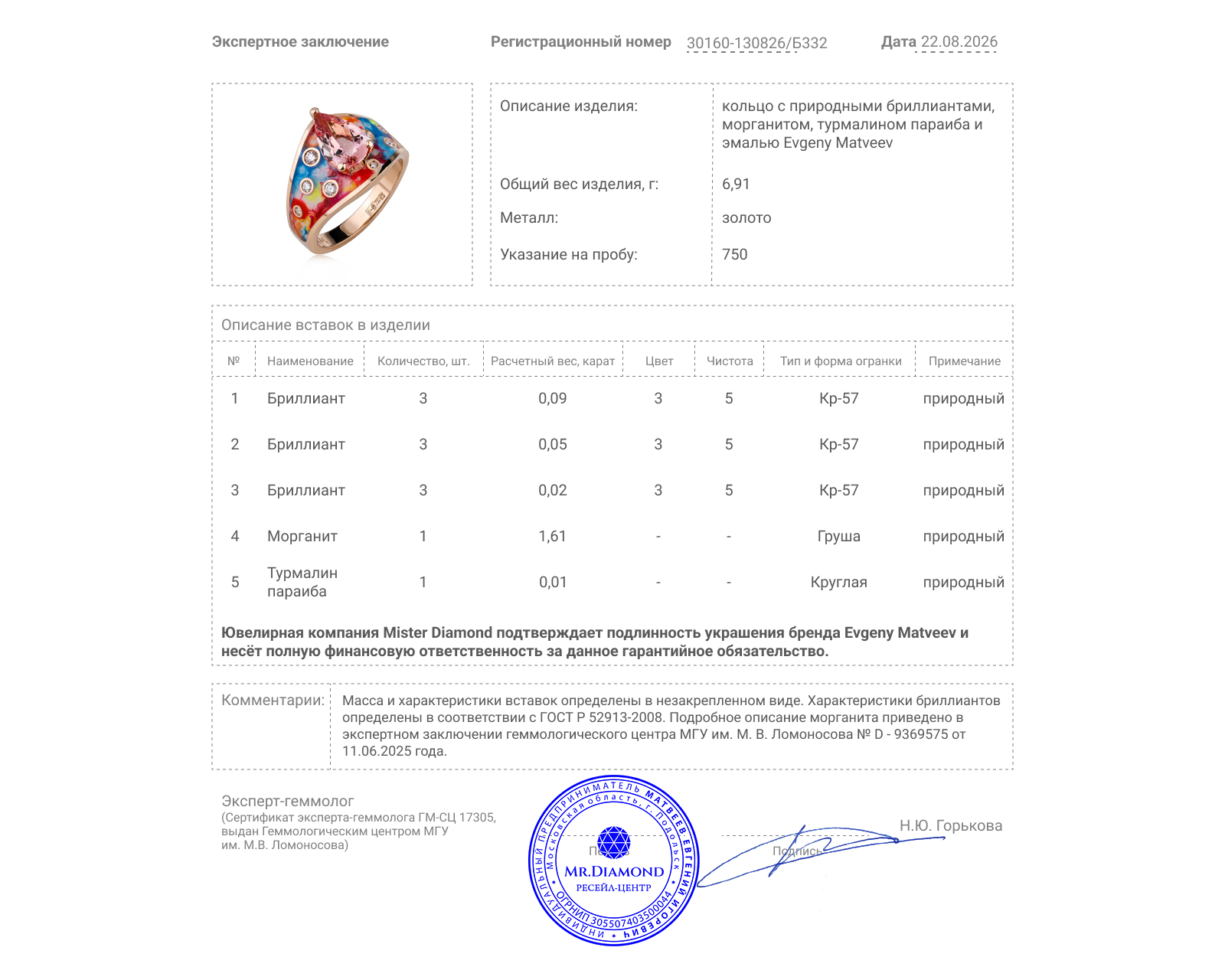 Золотое кольцо с морганитом 1.61ct и бриллиантами 0.16ct Evgeny Matveev