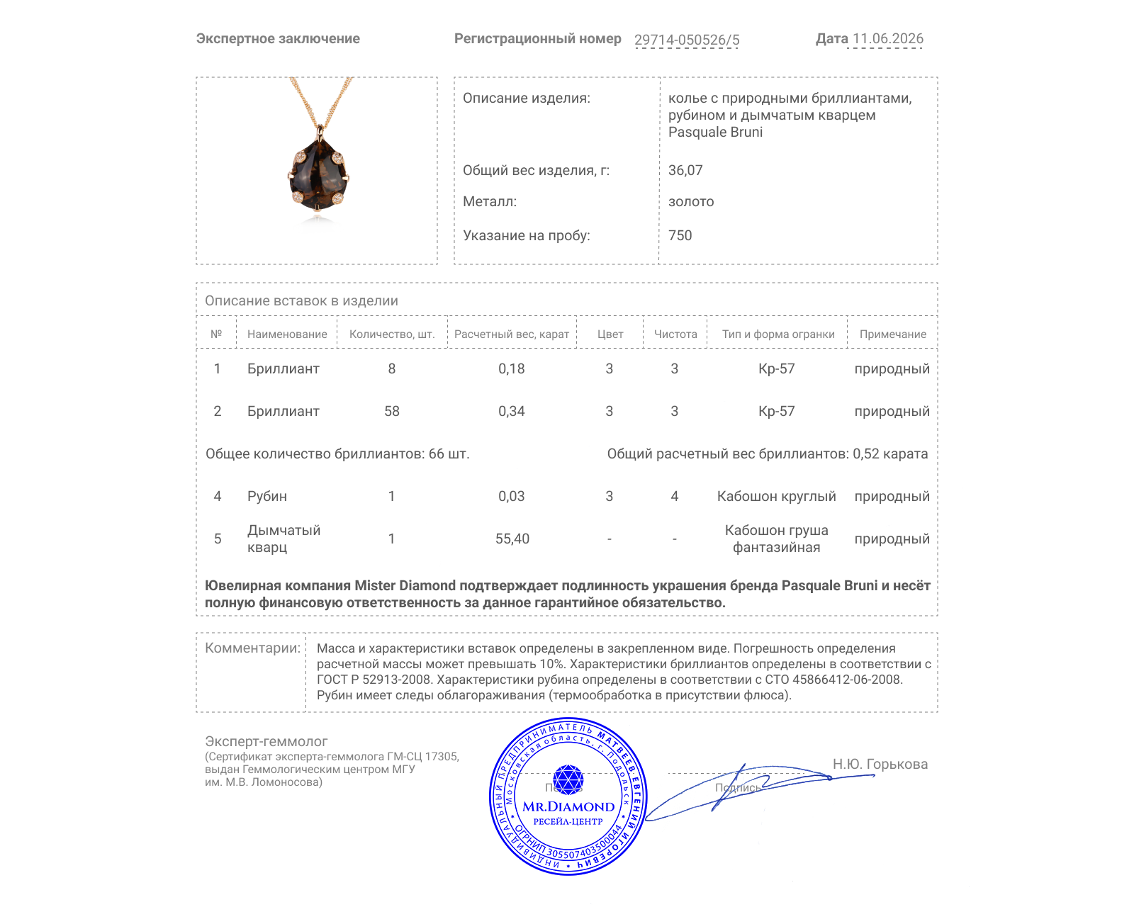 Оригинальное золотое колье с дымчатым кварцем 55.40ct Pasquale Bruni SiSi