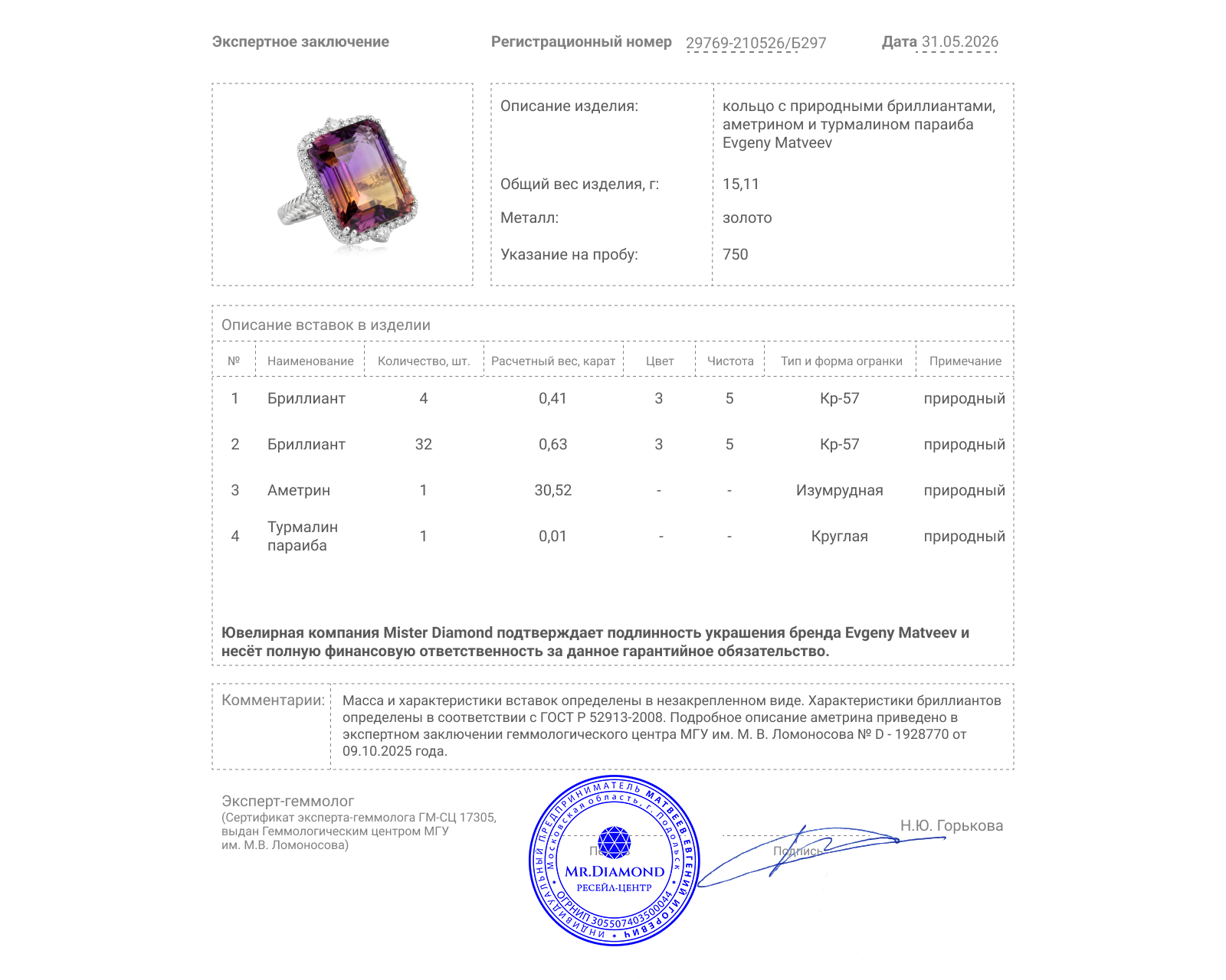 Золотое кольцо с аметрином 30.52ct и бриллиантами 1.04ct Evgeny Matveev