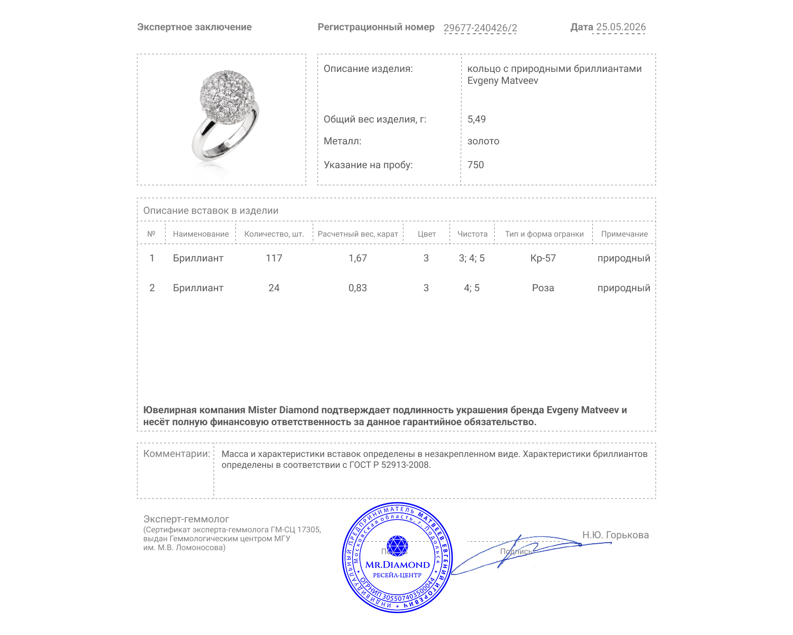 Золотое кольцо с бриллиантами 2.50ct Evgeny Matveev