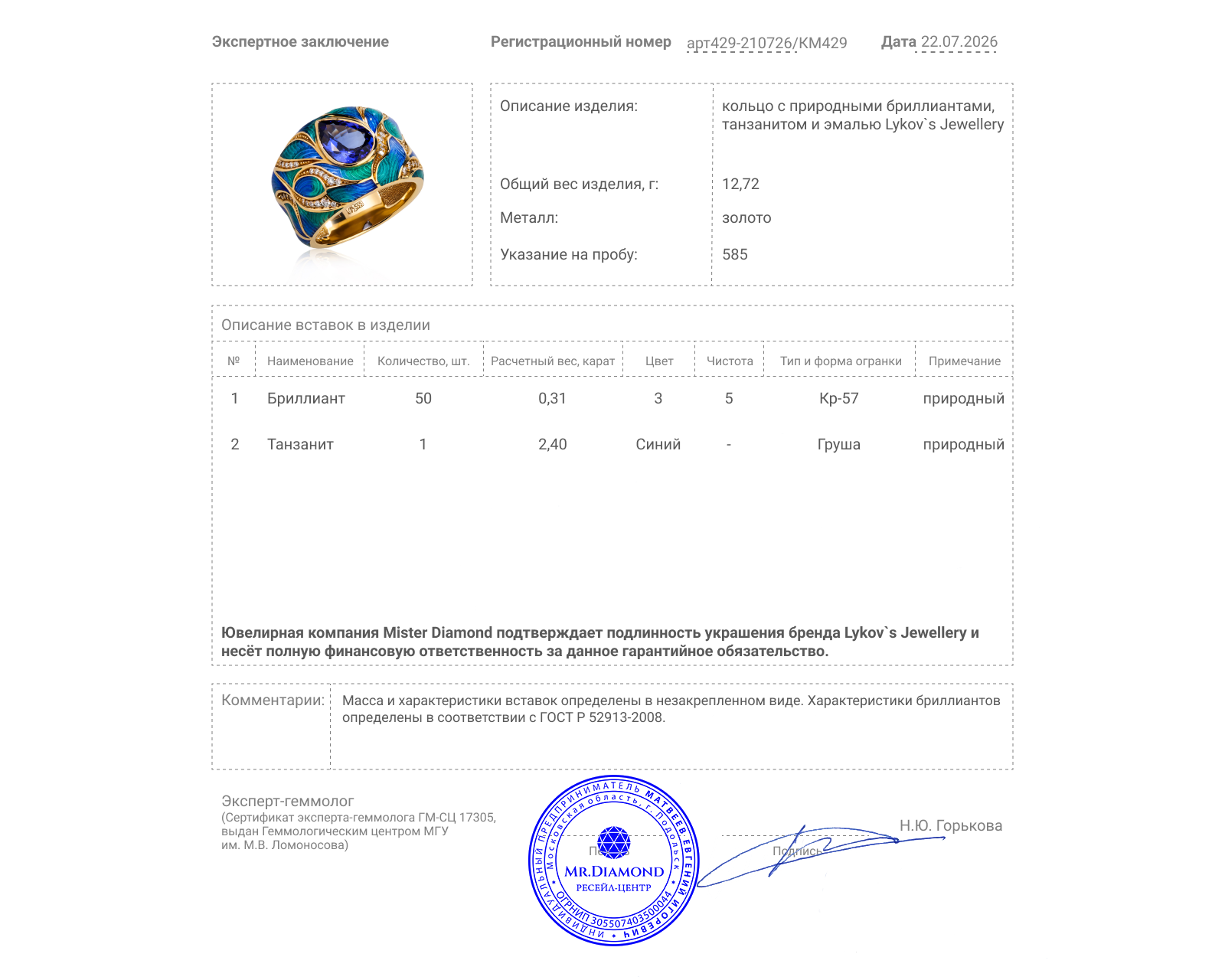 Оригинальное золотое кольцо с танзанитом 2.40ct Lykov`s Jewellery
