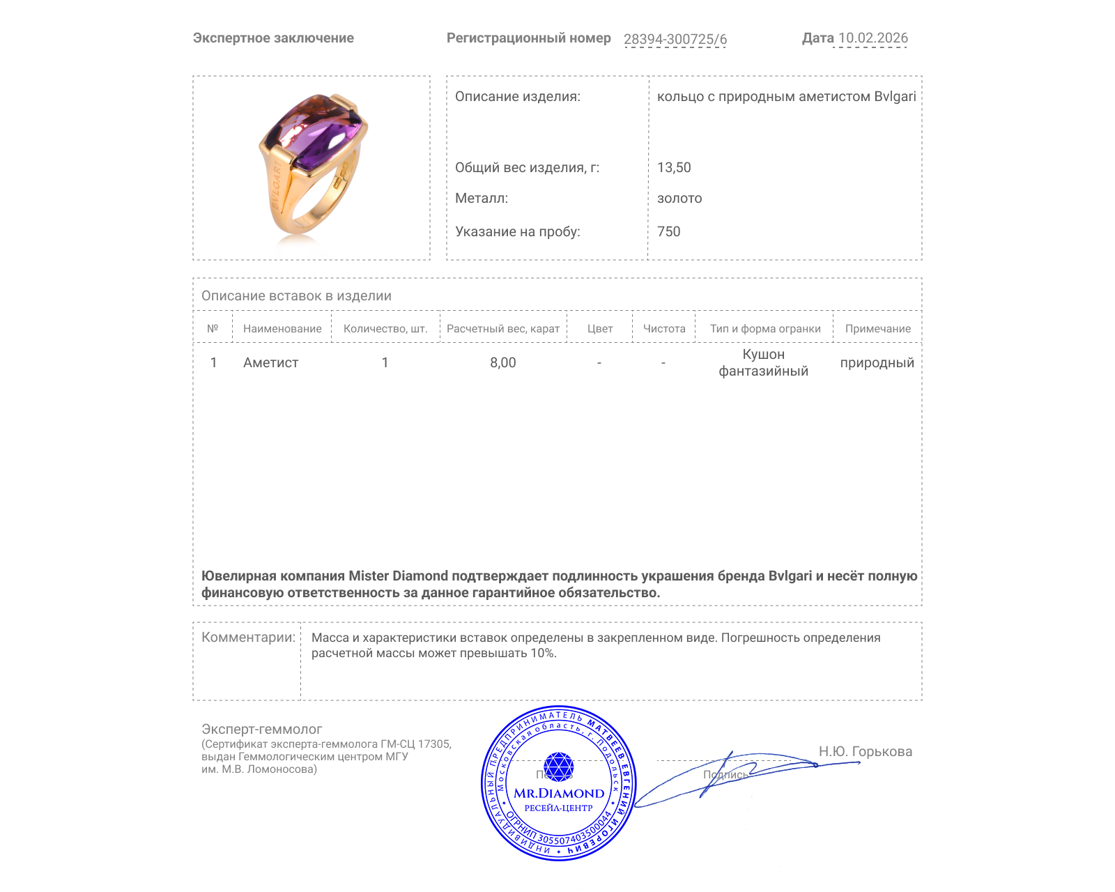 Оригинальное золотое кольцо с аметистом 8.00ct Bvlgari Metropolis