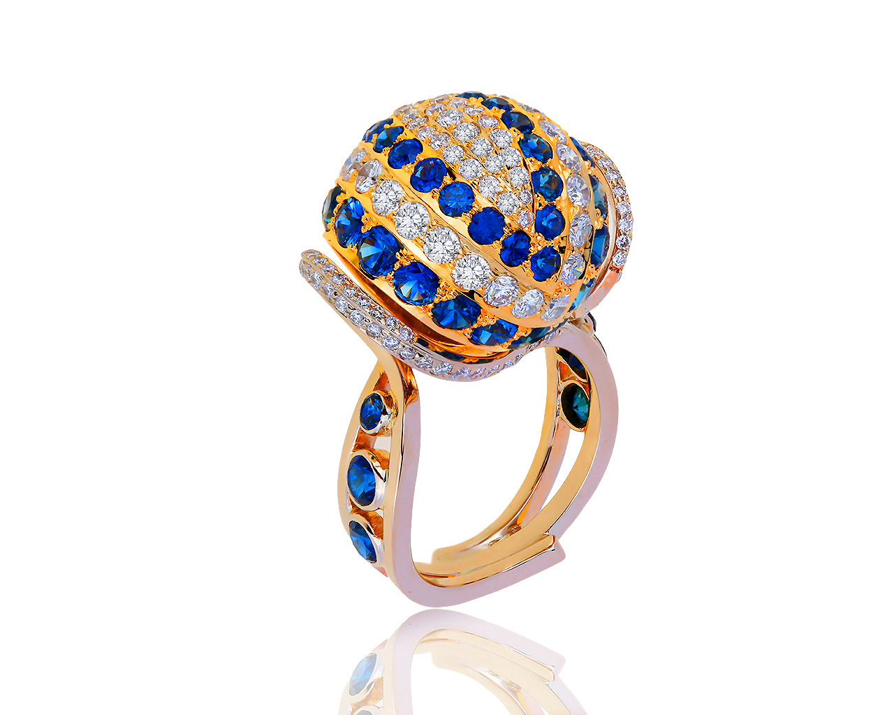 Роскошное золотое кольцо с бриллиантами 2.30ct и сапфирами 1.76ct