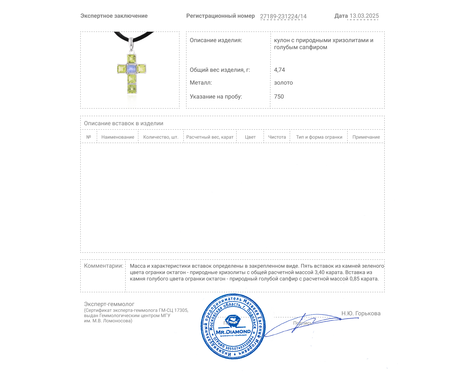 Золотой кулон с хризолитами 3.40ct и сапфиром 0.85ct