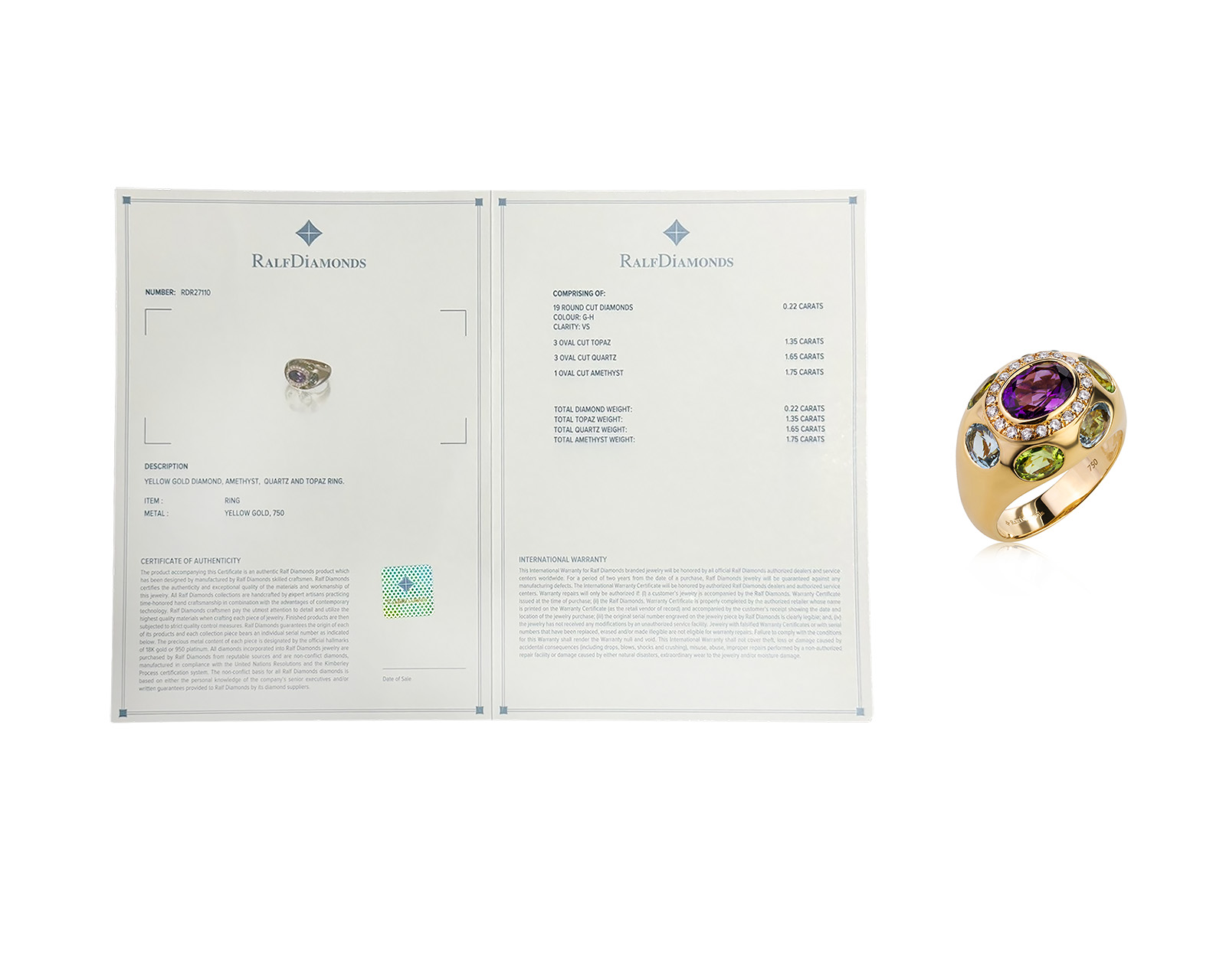 Оригинальное золотое кольцо с цветными камнями 4.75ct Ralf Diamonds