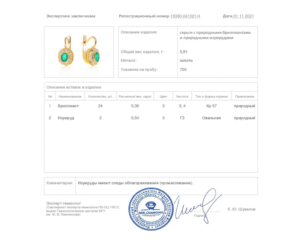 Золотые серьги с бриллиантами и изумрудами 0.54ct