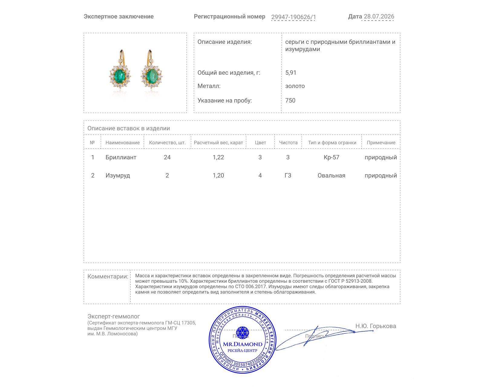 Золотые серьги с изумрудами 1.20ct и бриллиантами 1.22ct