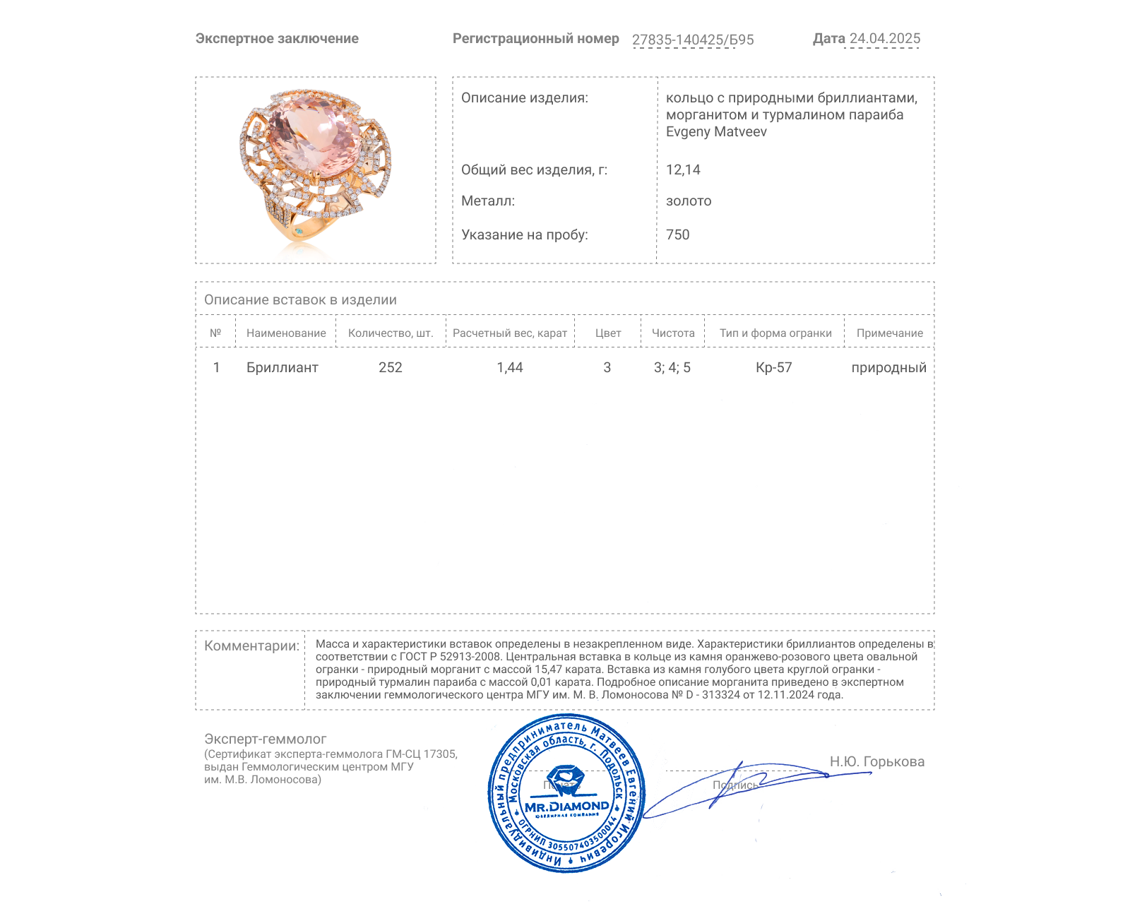 Золотое кольцо с морганитом 15.47ct Evgeny Matveev