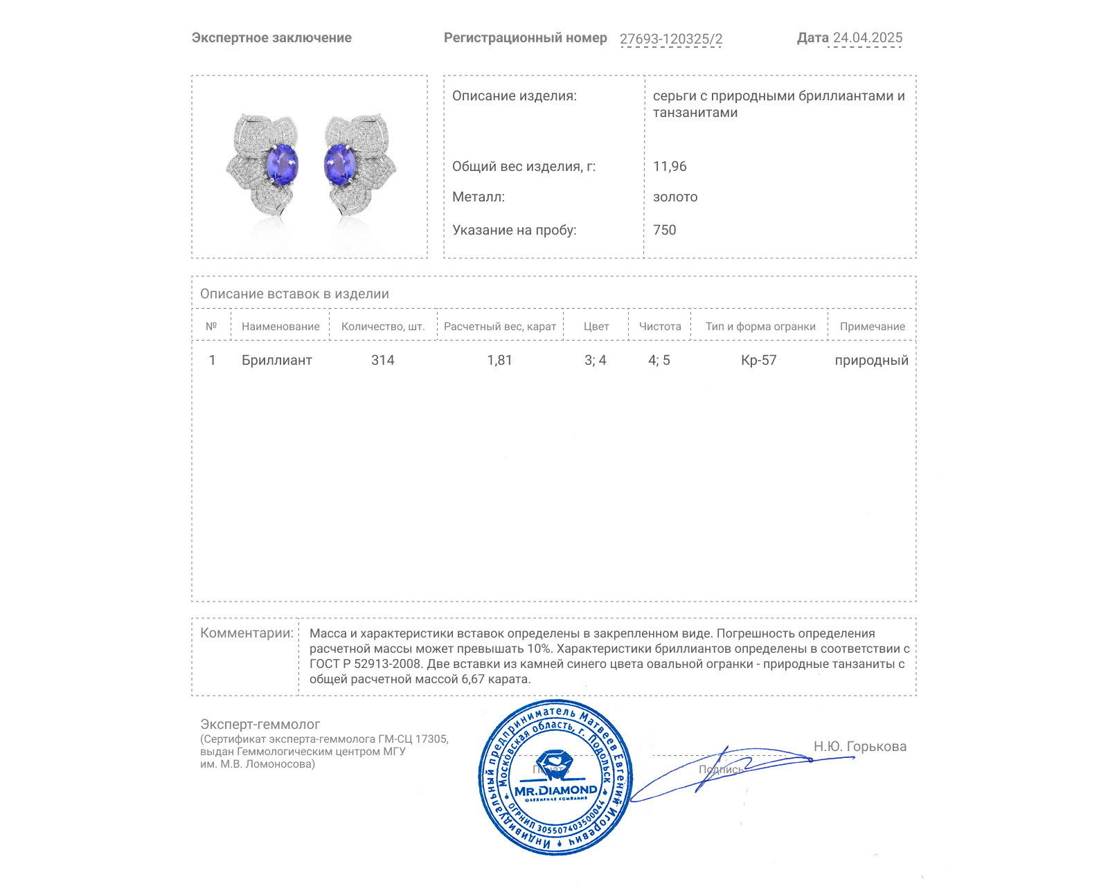 Золотые серьги с танзанитами 6.67ct и бриллиантами 1.81ct