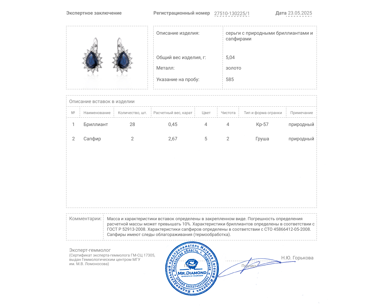 Золотые серьги с сапфирами 2.67ct и бриллиантами 0.45ct