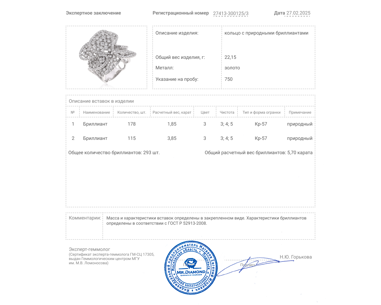 Золотое кольцо с бриллиантами 5.70ct