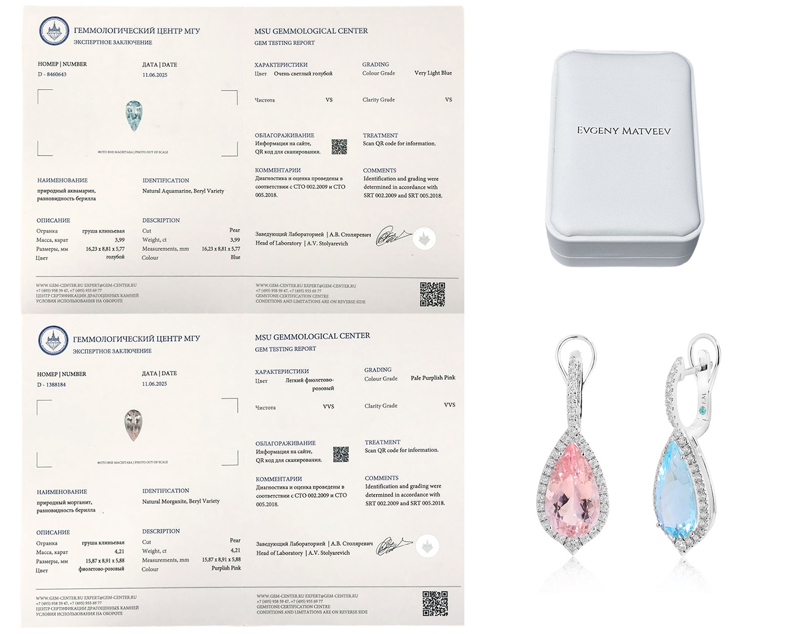 Золотые серьги с аквамарином 3.99ct и морганитом 4.21ct Evgeny Matveev