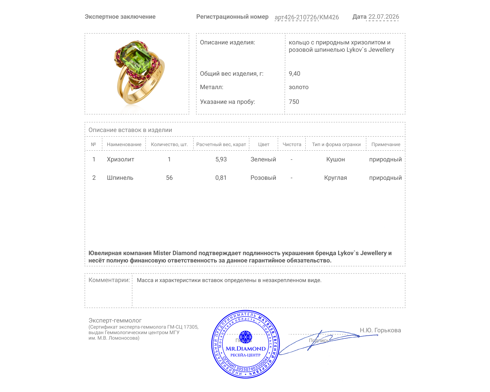 Оригинальное золотое кольцо с хризолитом 5.93ct Lykov`s Jewellery