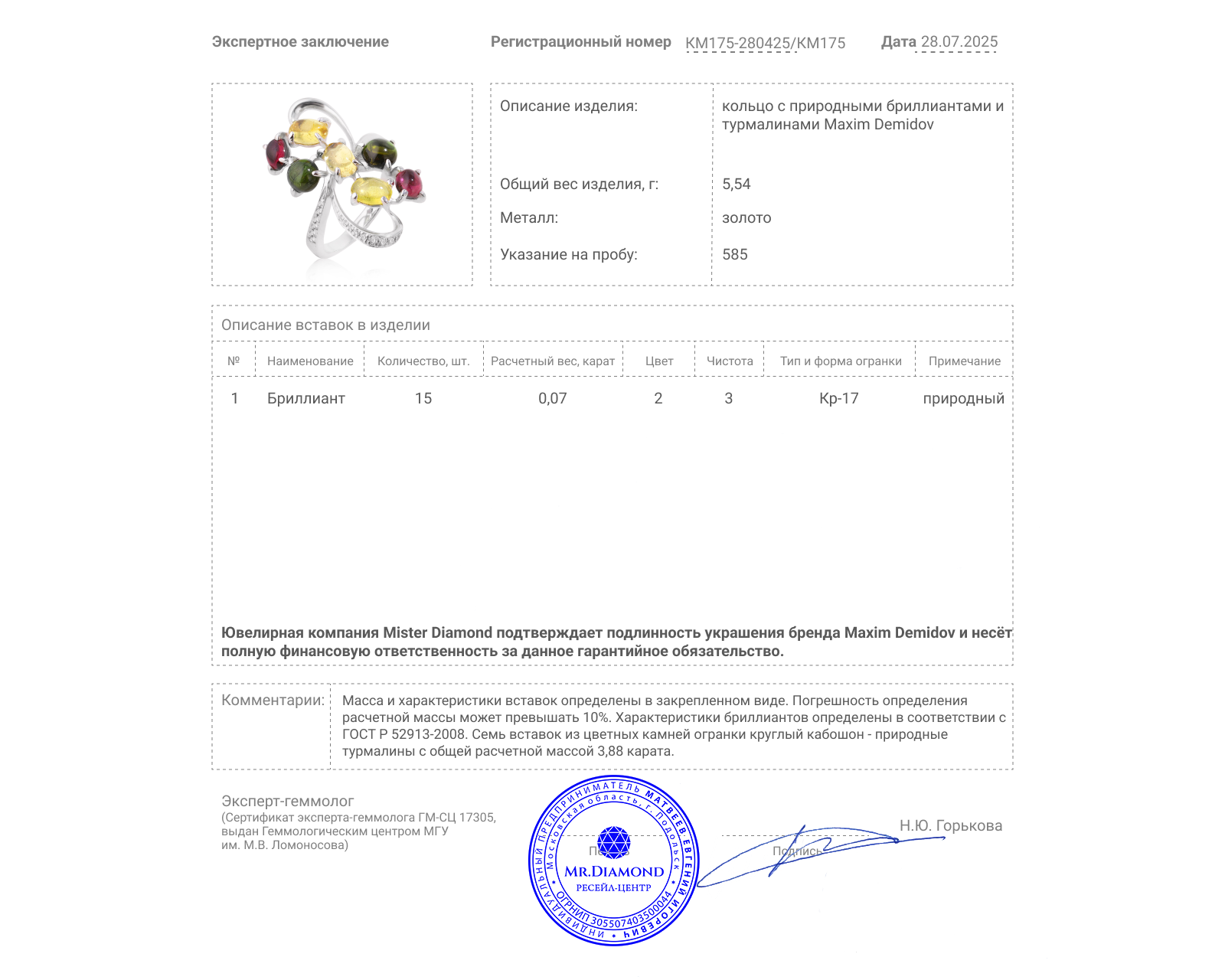 Оригинальное золотое кольцо с турмалинами 3.88ct Maxim Demidov
