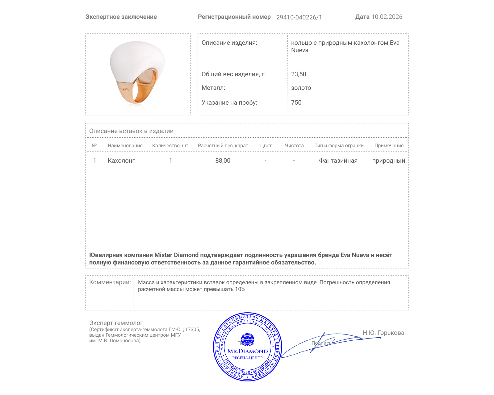 Оригинальное золотое кольцо с кахолонгом 88.00ct Eva Nueva