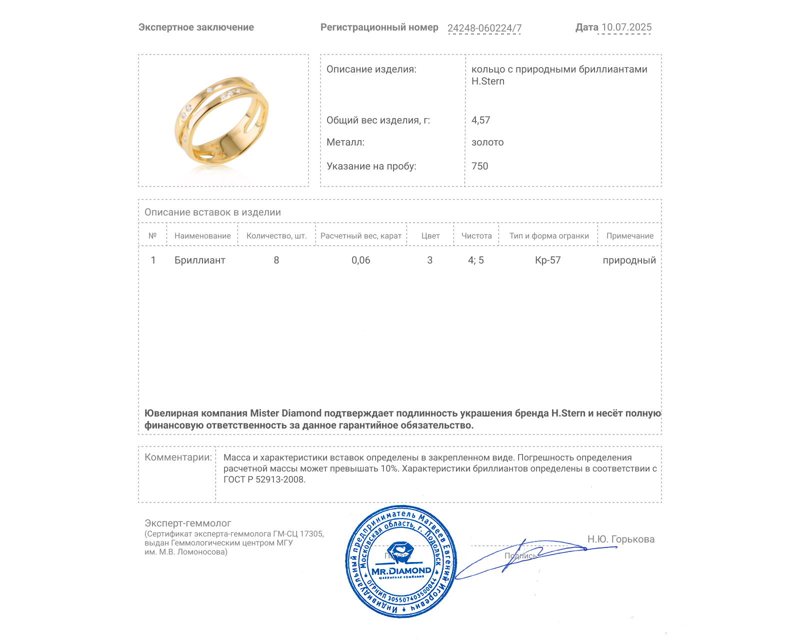 Оригинальное золотое кольцо с бриллиантами 0.06ct H.Stern