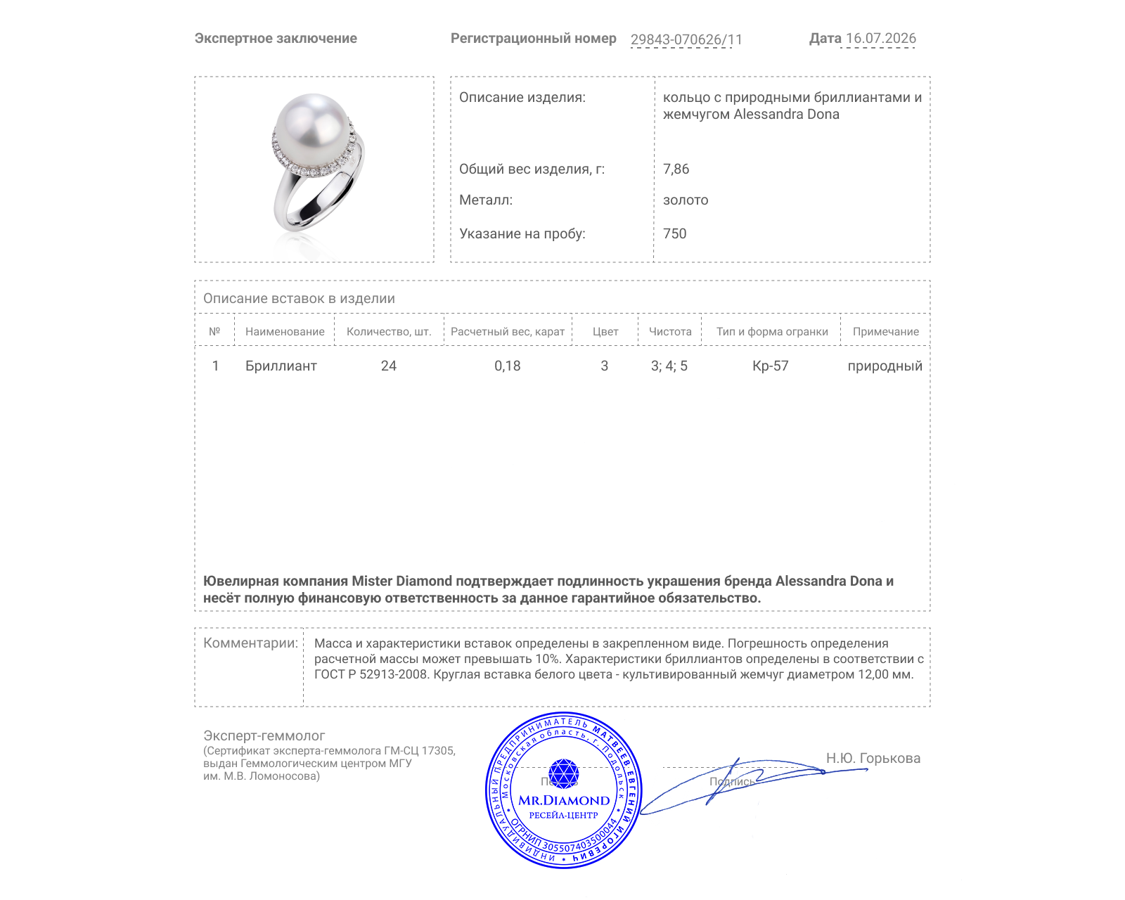 Оригинальное золотое кольцо с жемчугом 12.00 мм Alessandra Dona