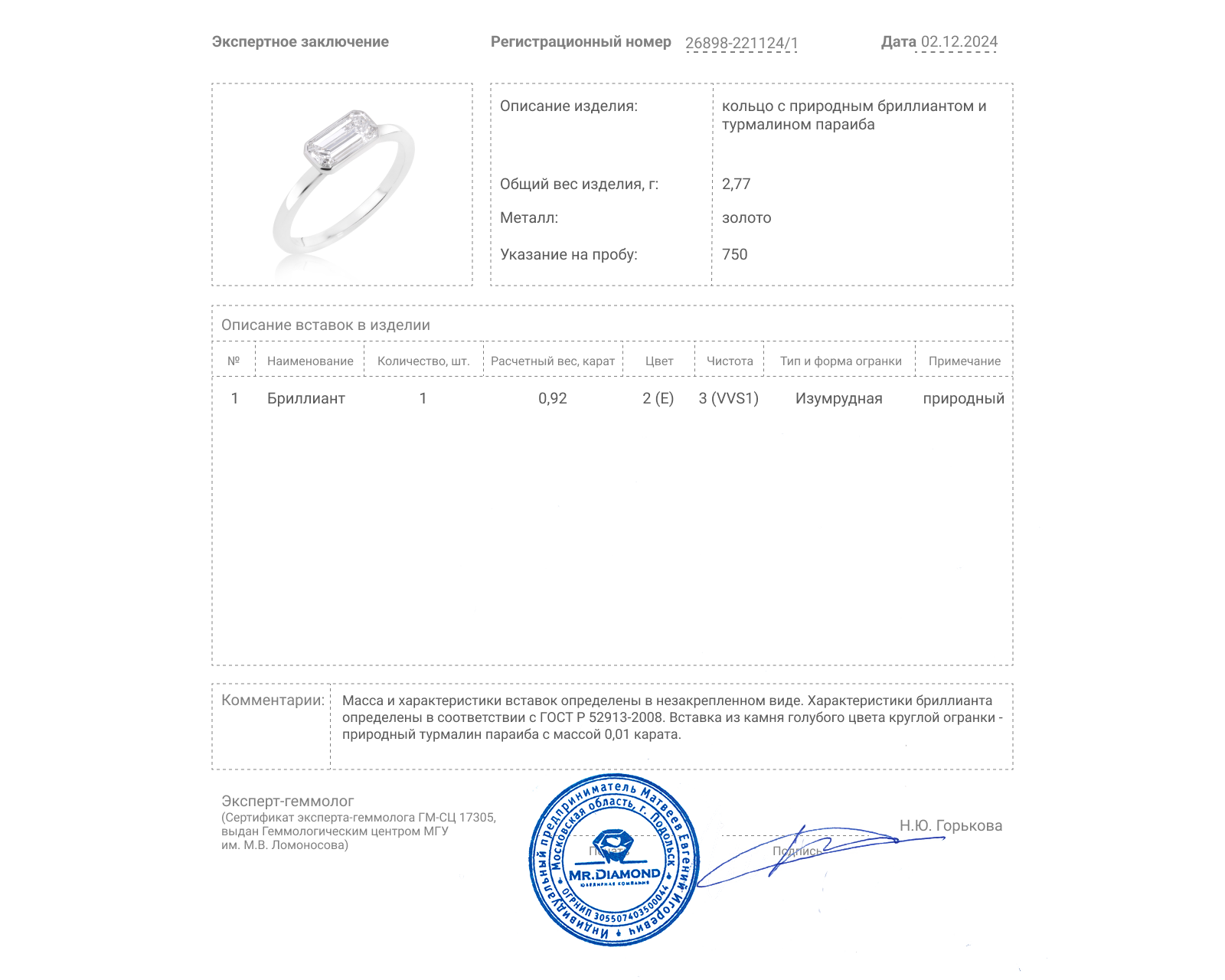 Золотое кольцо с бриллиантом 0.92ct Evgeny Matveev