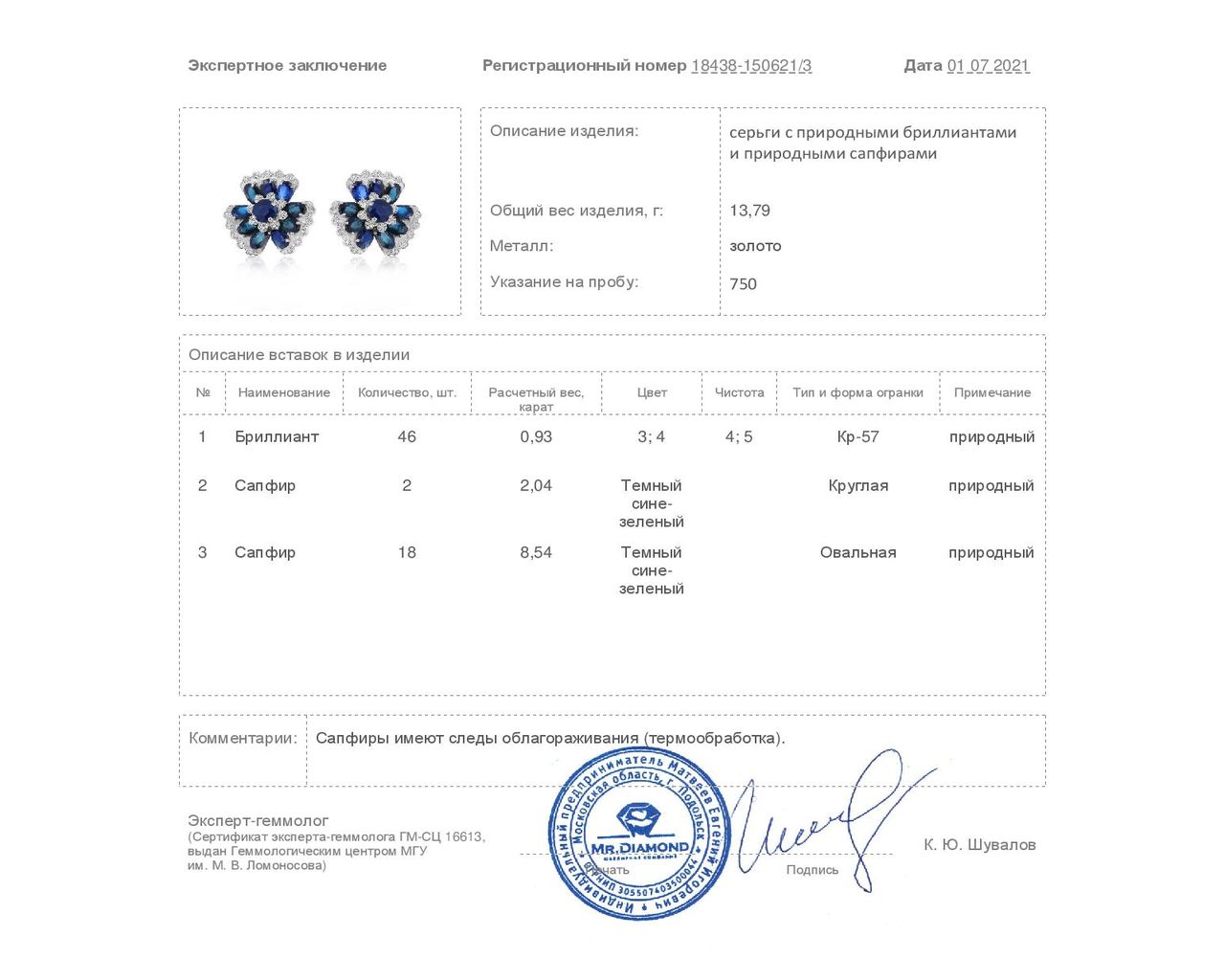 Великолепные золотые серьги с сапфирами 10.58ct