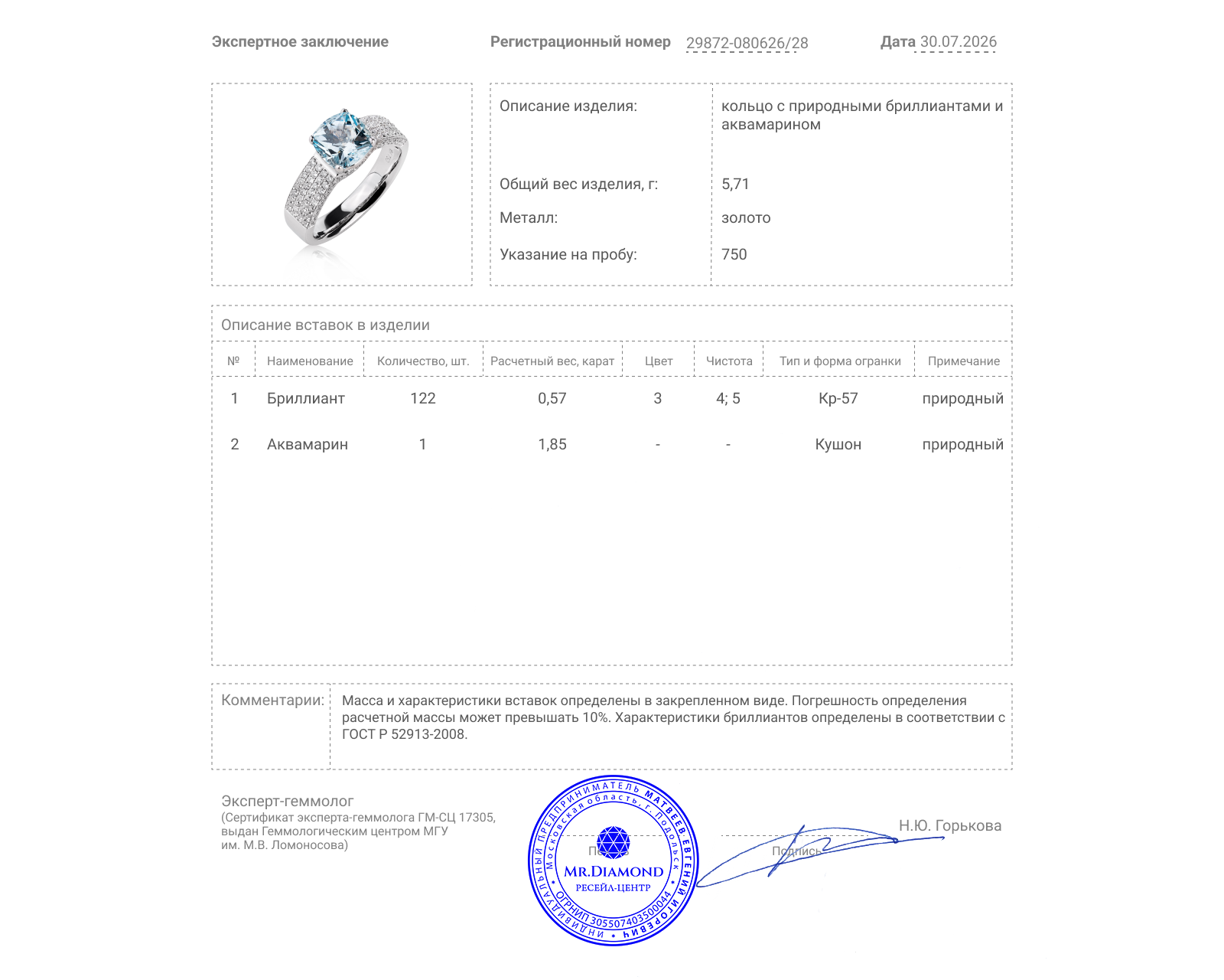 Золотое кольцо с аквамарином 1.85ct и бриллиантами 0.57ct