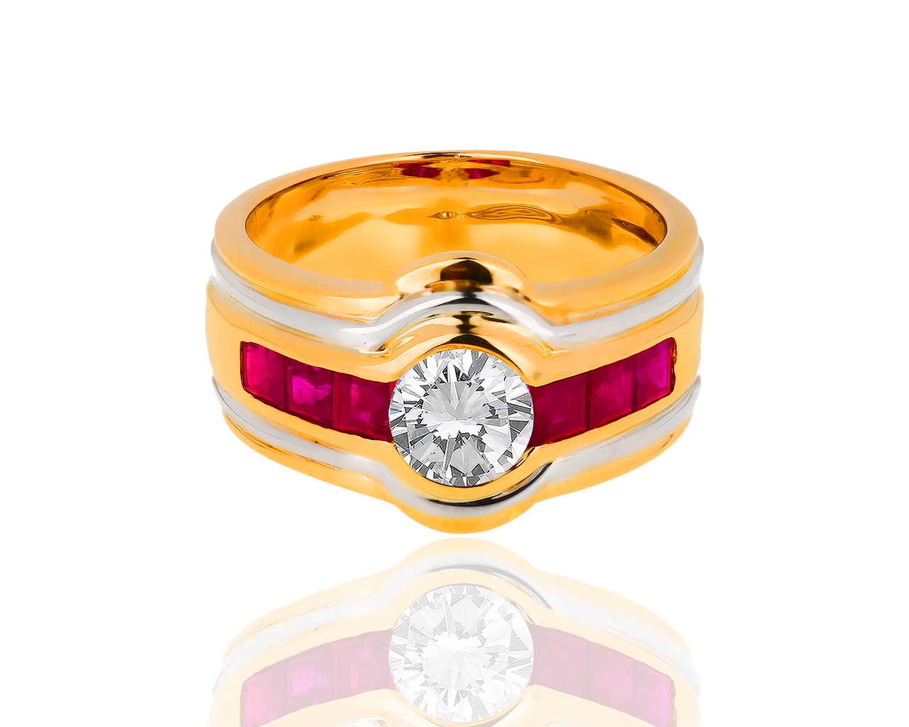 Золотое кольцо с бриллиантом 0.75ct и рубинами 0.91ct