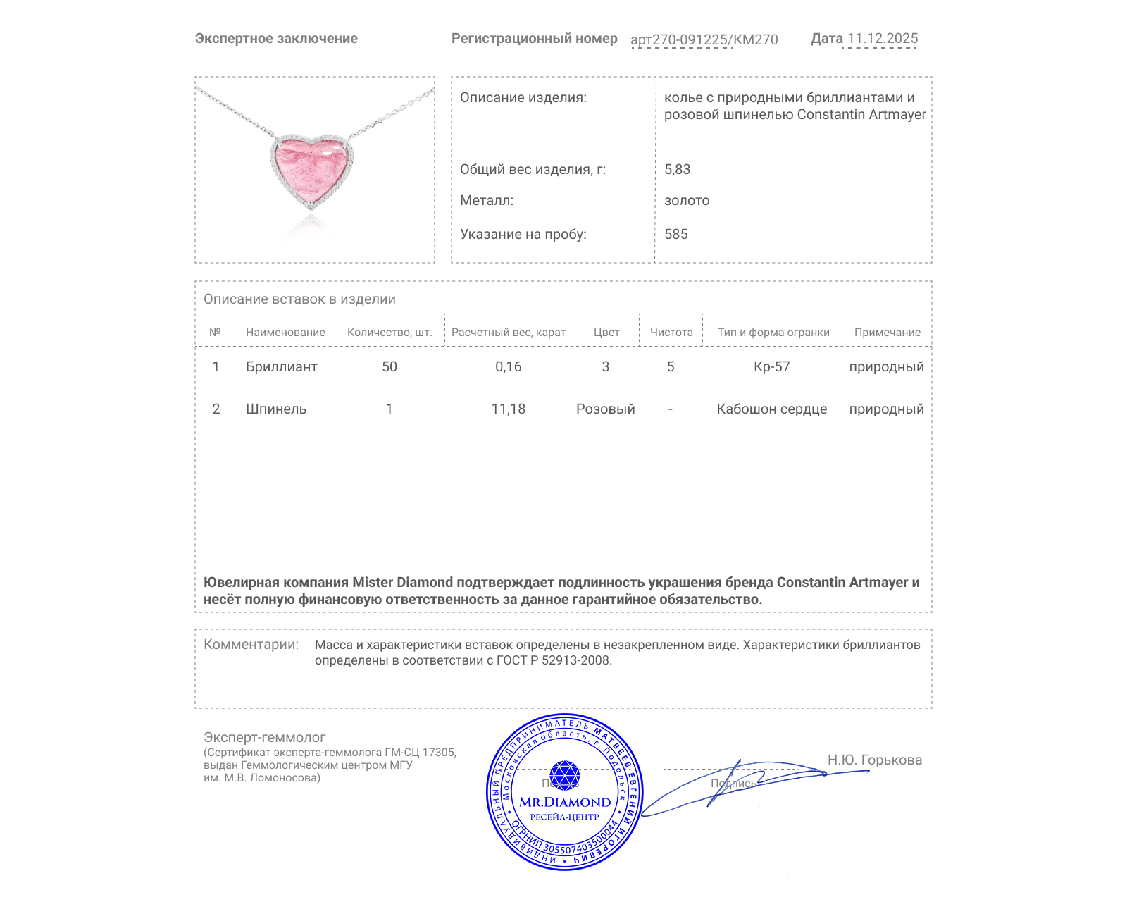 Оригинальное золотое колье со шпинелью 11.18ct Constantin Artmayer