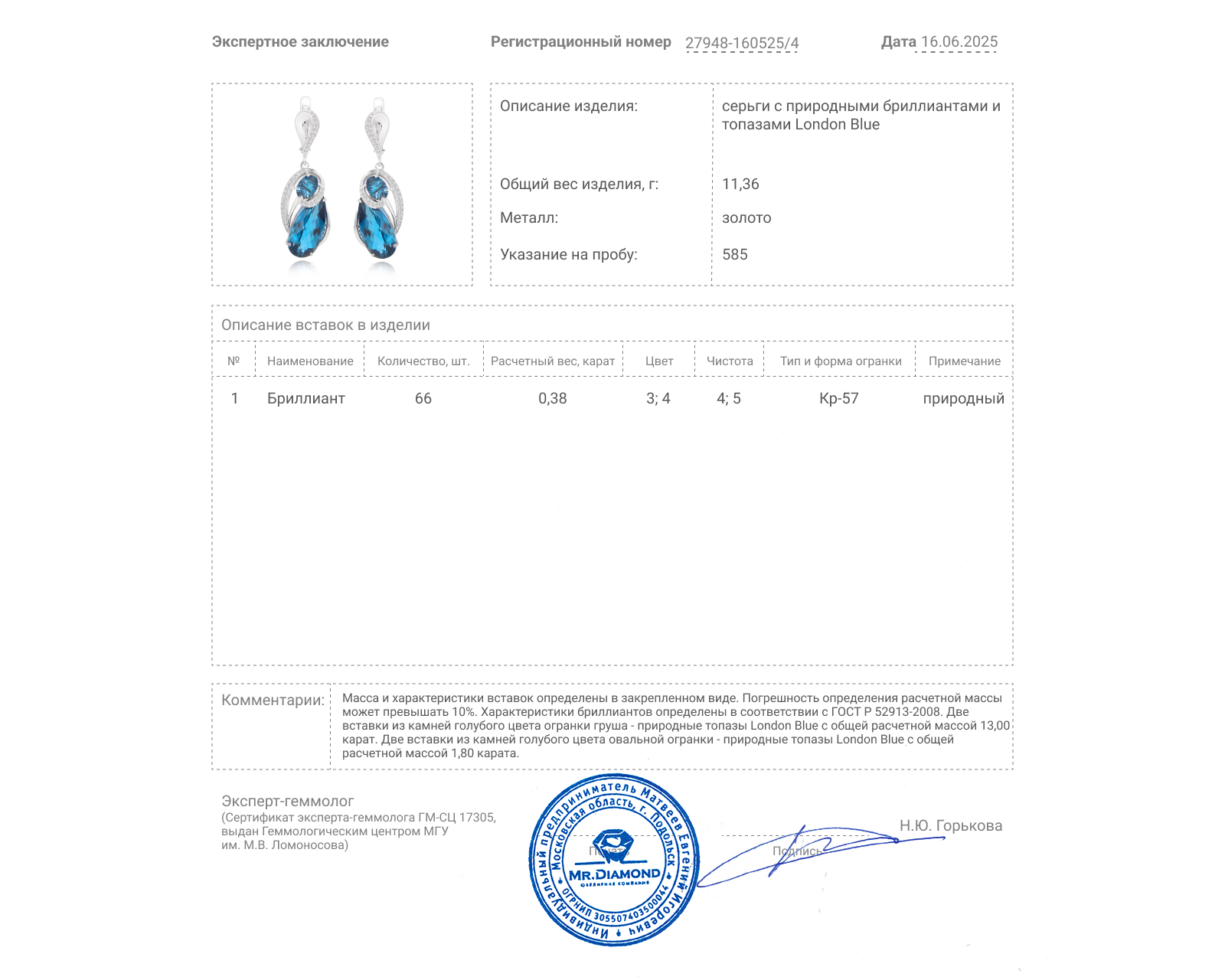 Золотые серьги с топазами 14.80ct и бриллиантами 0.38ct