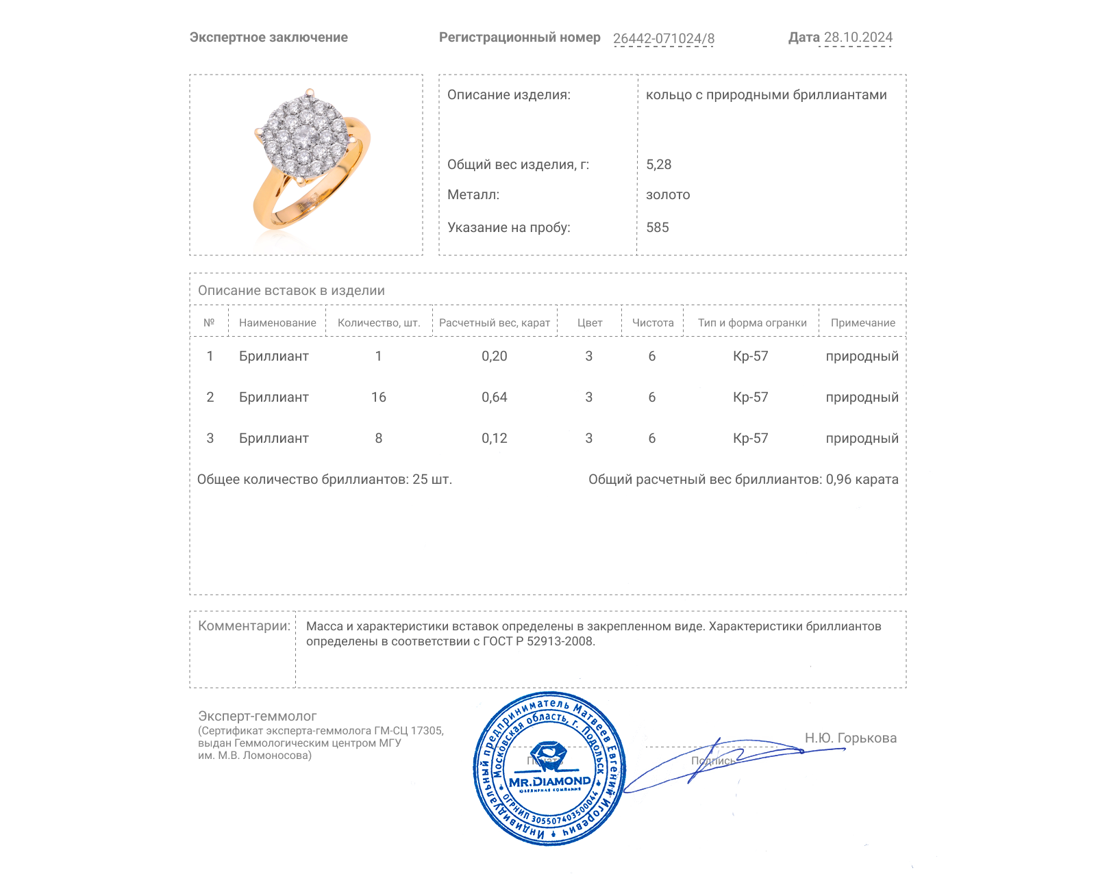 Золотое кольцо с бриллиантами 0.96ct