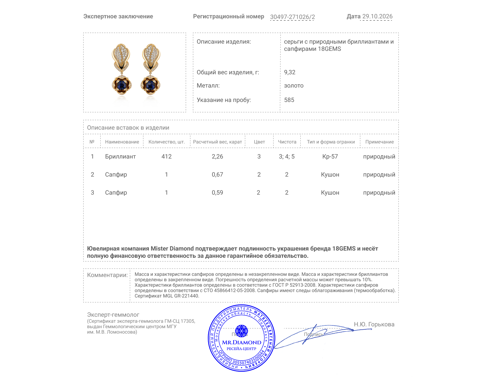 Оригинальные золотые серьги с сапфирами 1.26ct 18GEMS