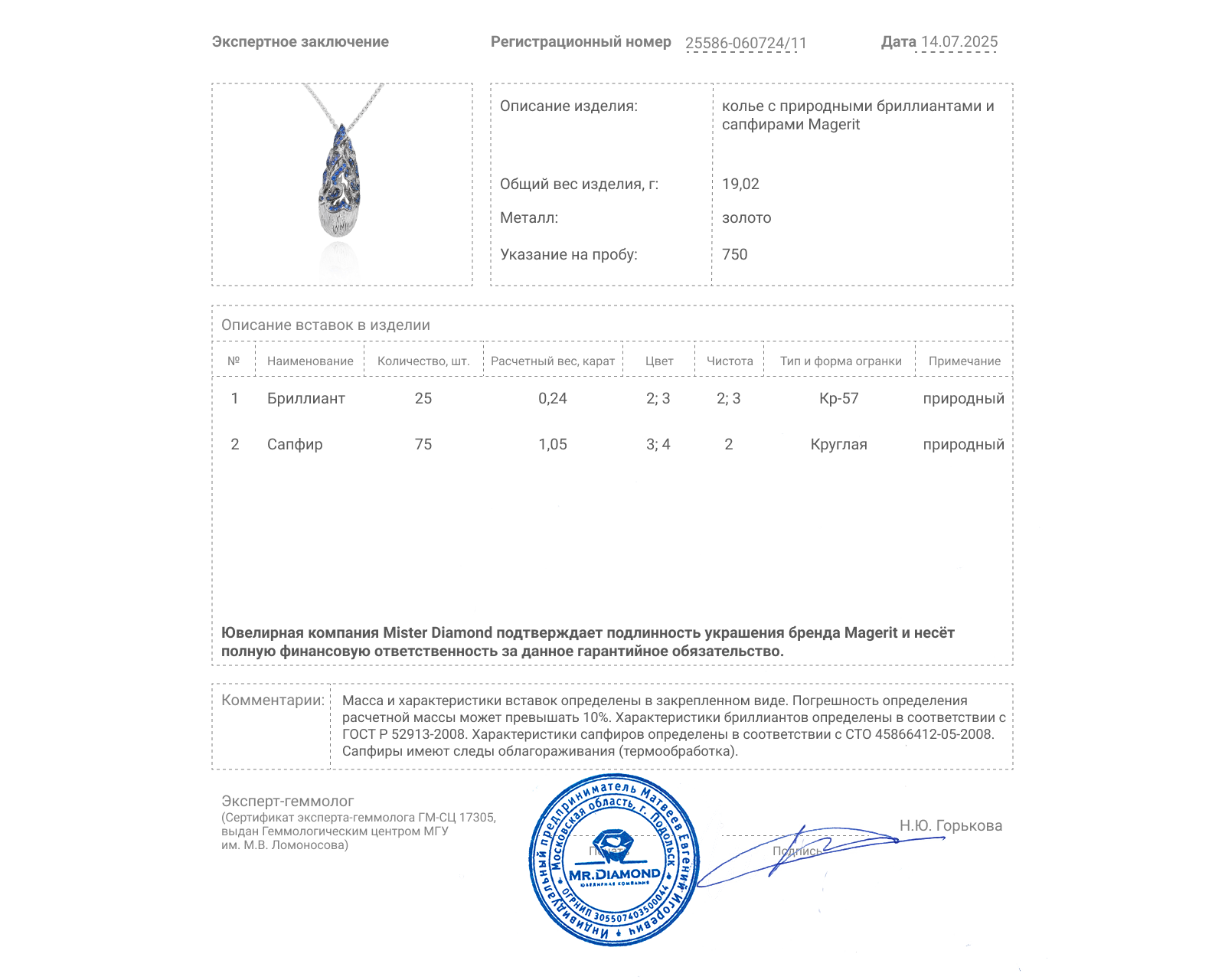 Оригинальное золотое колье с сапфирами 1.05ct Magerit
