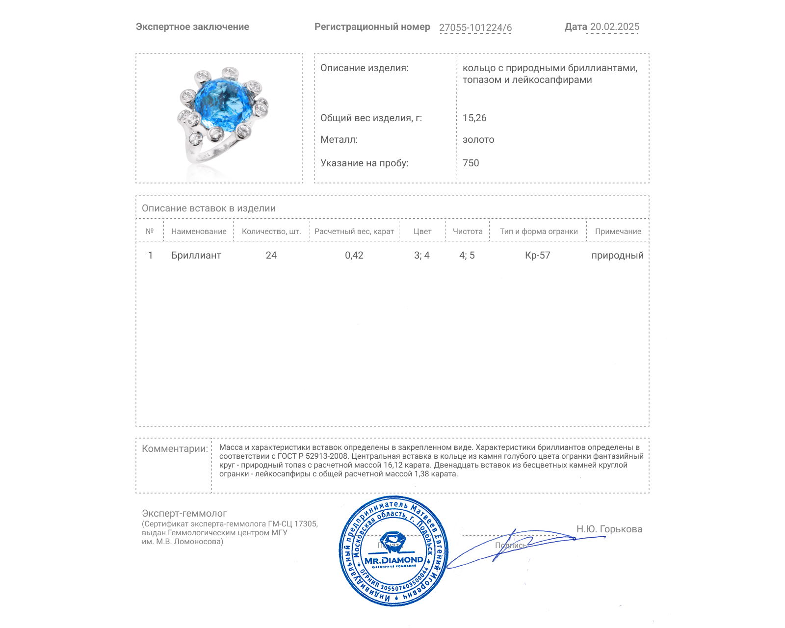 Золотое кольцо с топазом 16.12ct и лейкосапфирами 1.38ct