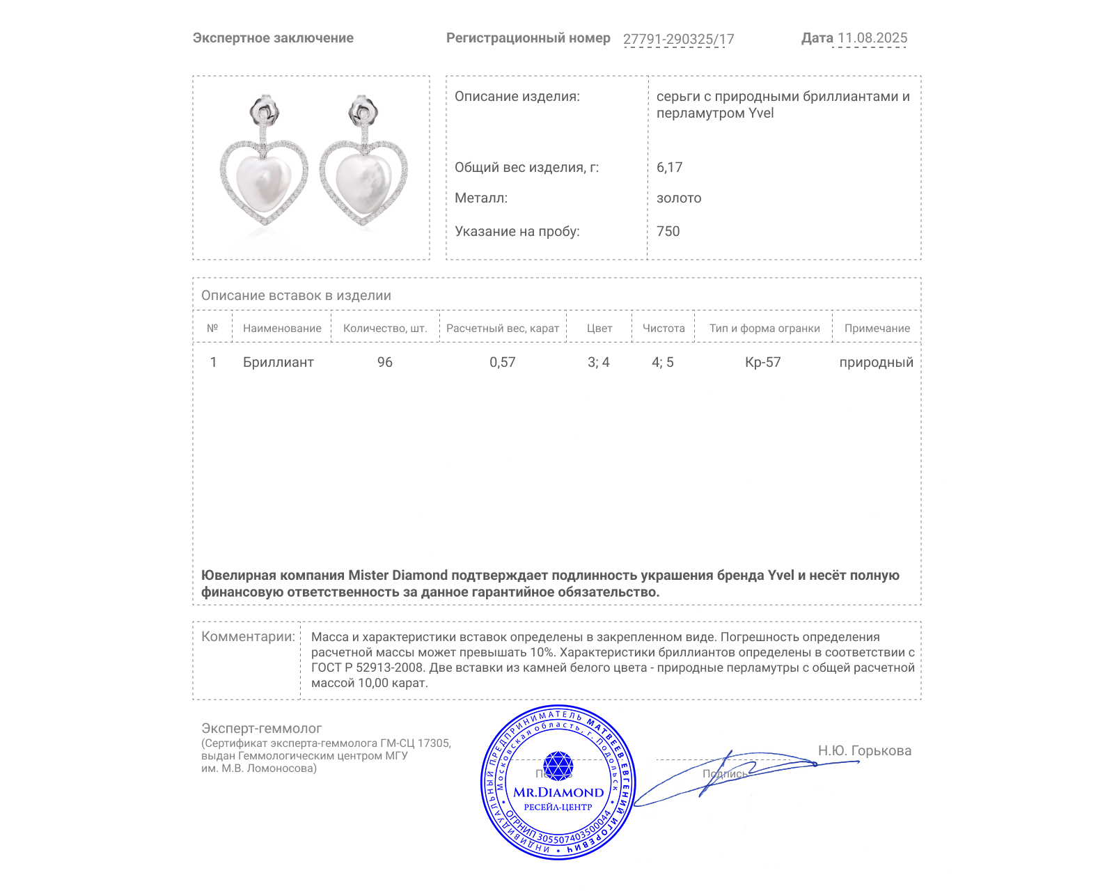 Оригинальные золотые серьги с перламутром 10.00ct Yvel