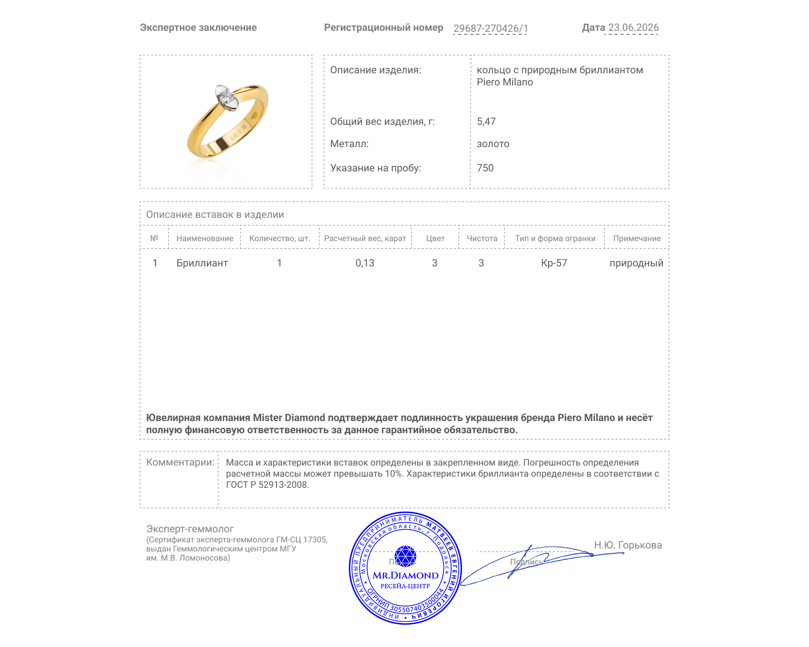 Оригинальное золотое кольцо с бриллиантом 0.13ct Piero Milano