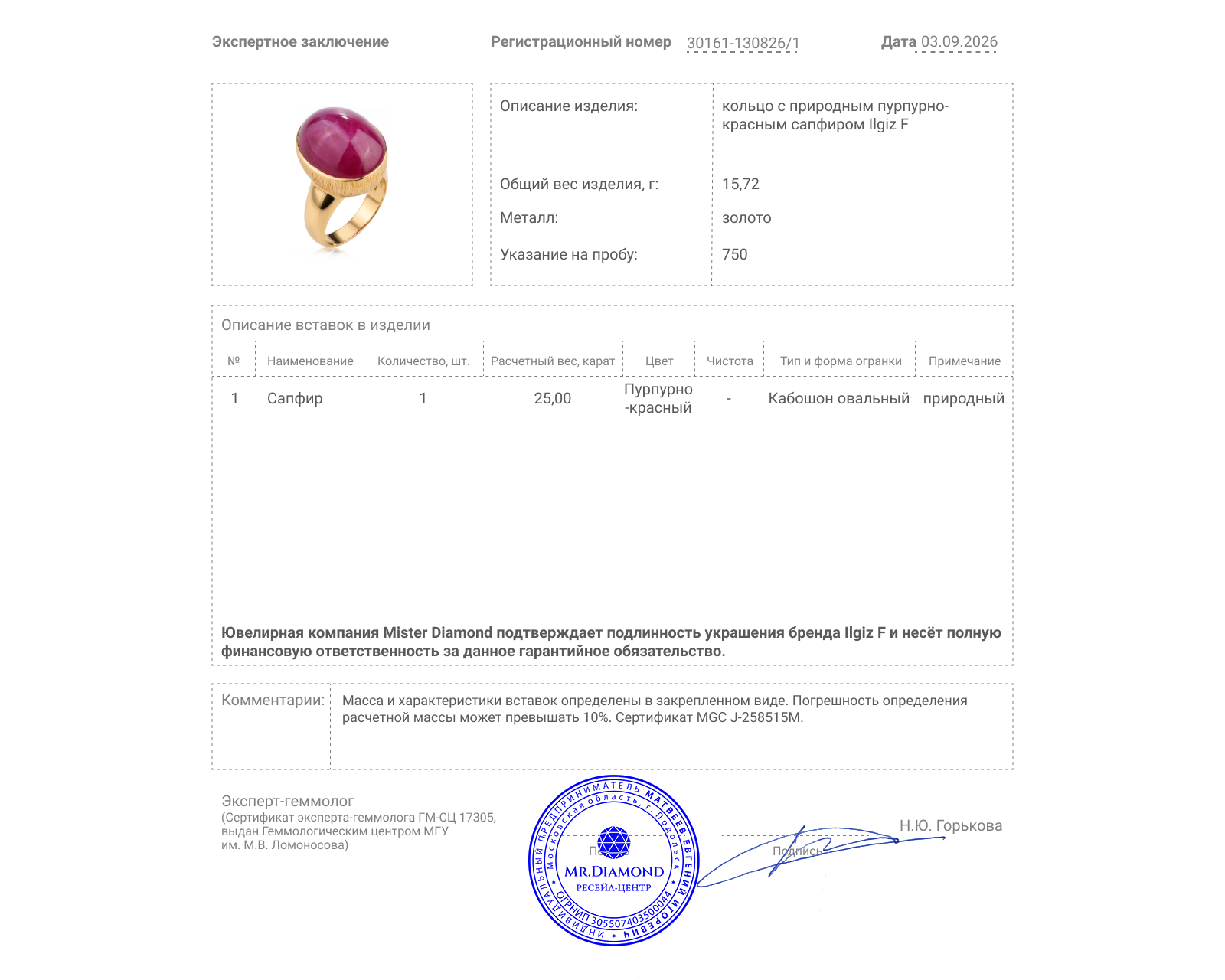 Оригинальное золотое кольцо с пурпурно-красным сапфиром 25.00ct Ilgiz F