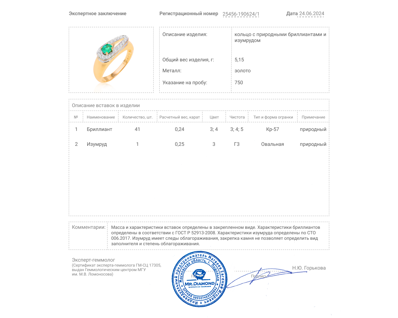 Золотое кольцо с изумрудом 0.25ct и бриллиантами 0.24ct