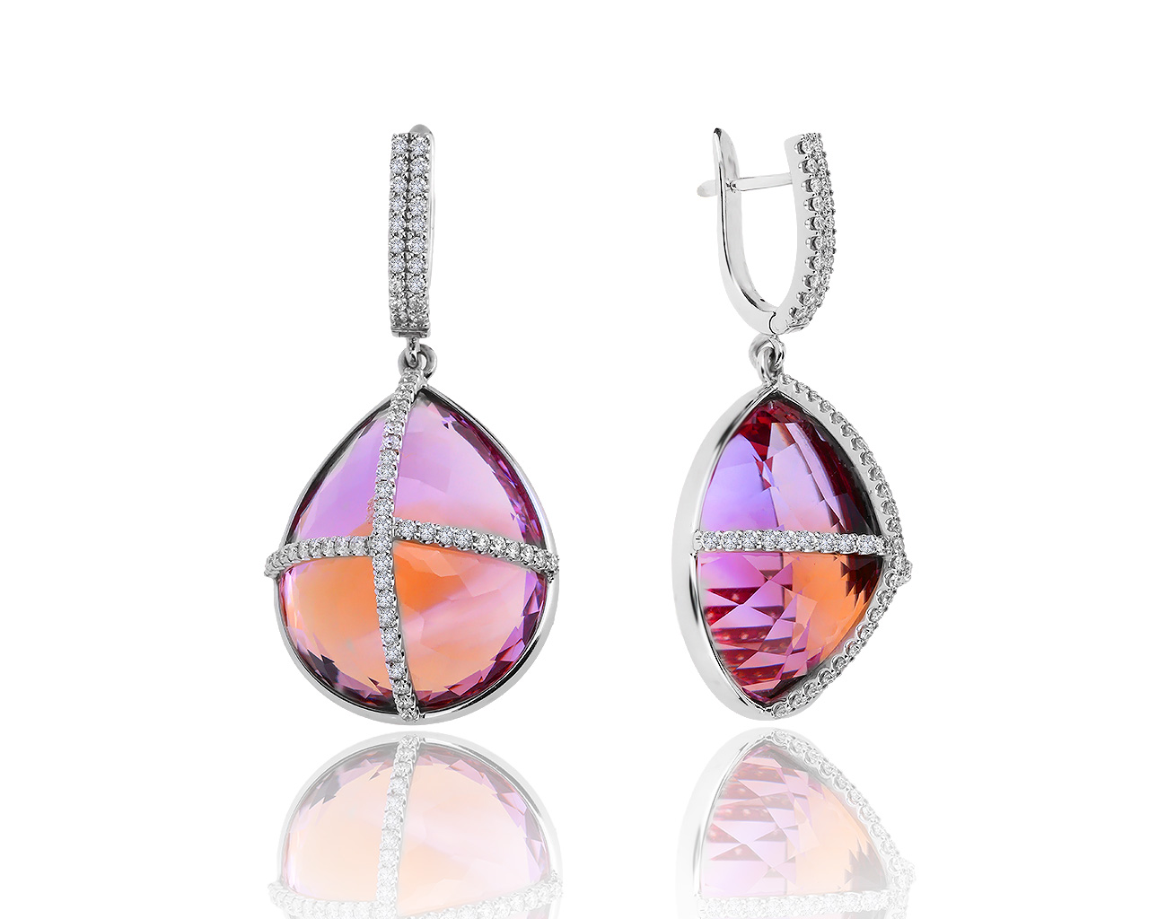 Золотые серьги с аметринами 42.54ct и бриллиантами 1.15ct