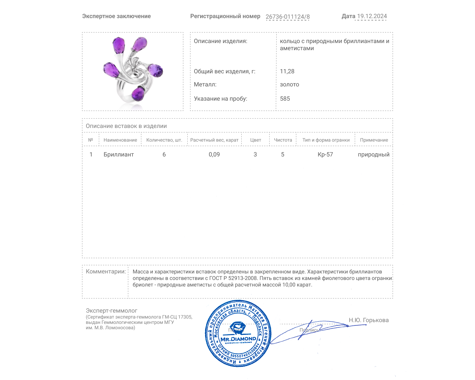 Золотое кольцо с аметистами 10.00ct и бриллиантами 0.09ct