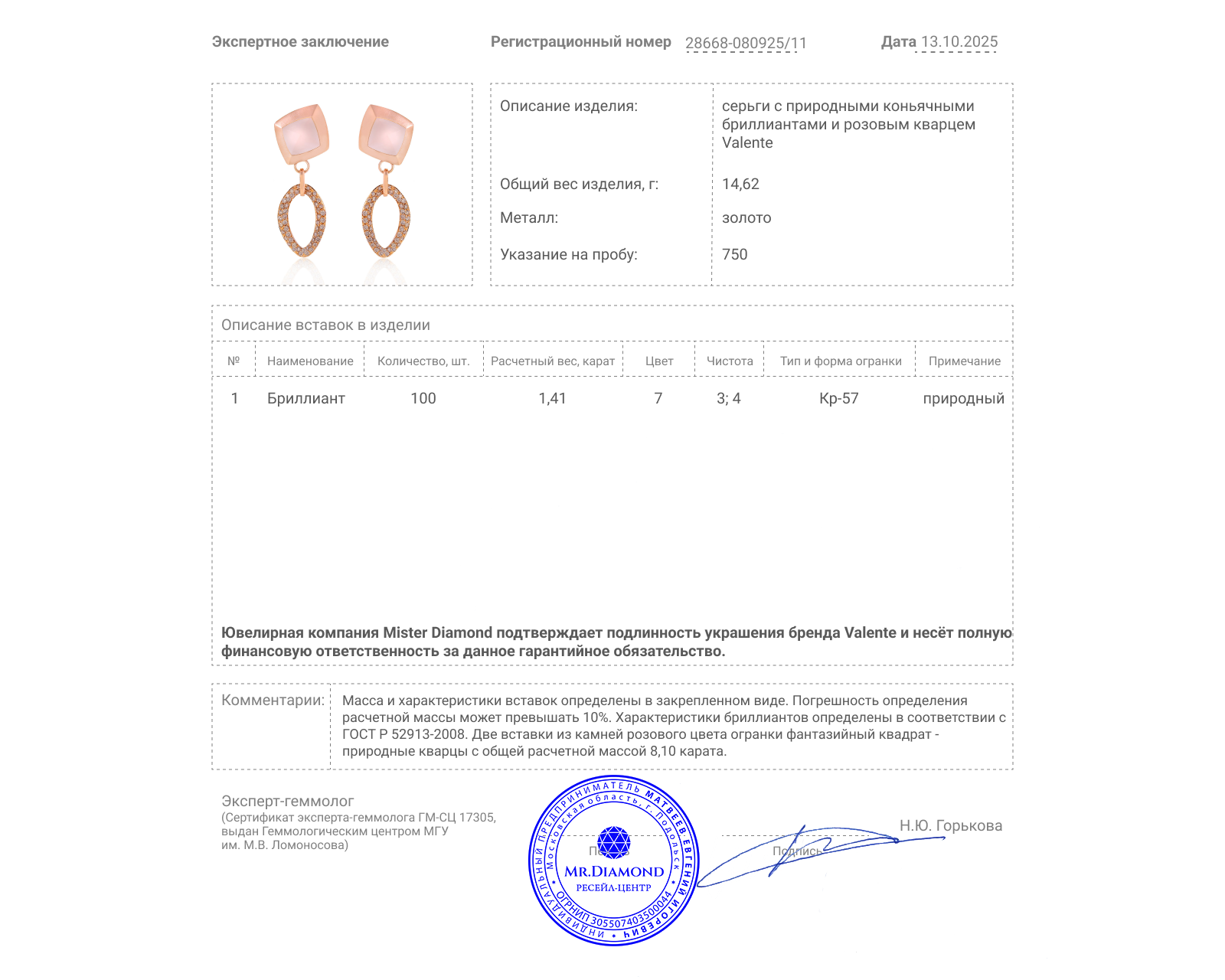 Оригинальные золотые серьги с розовым кварцем 8.10ct Valente